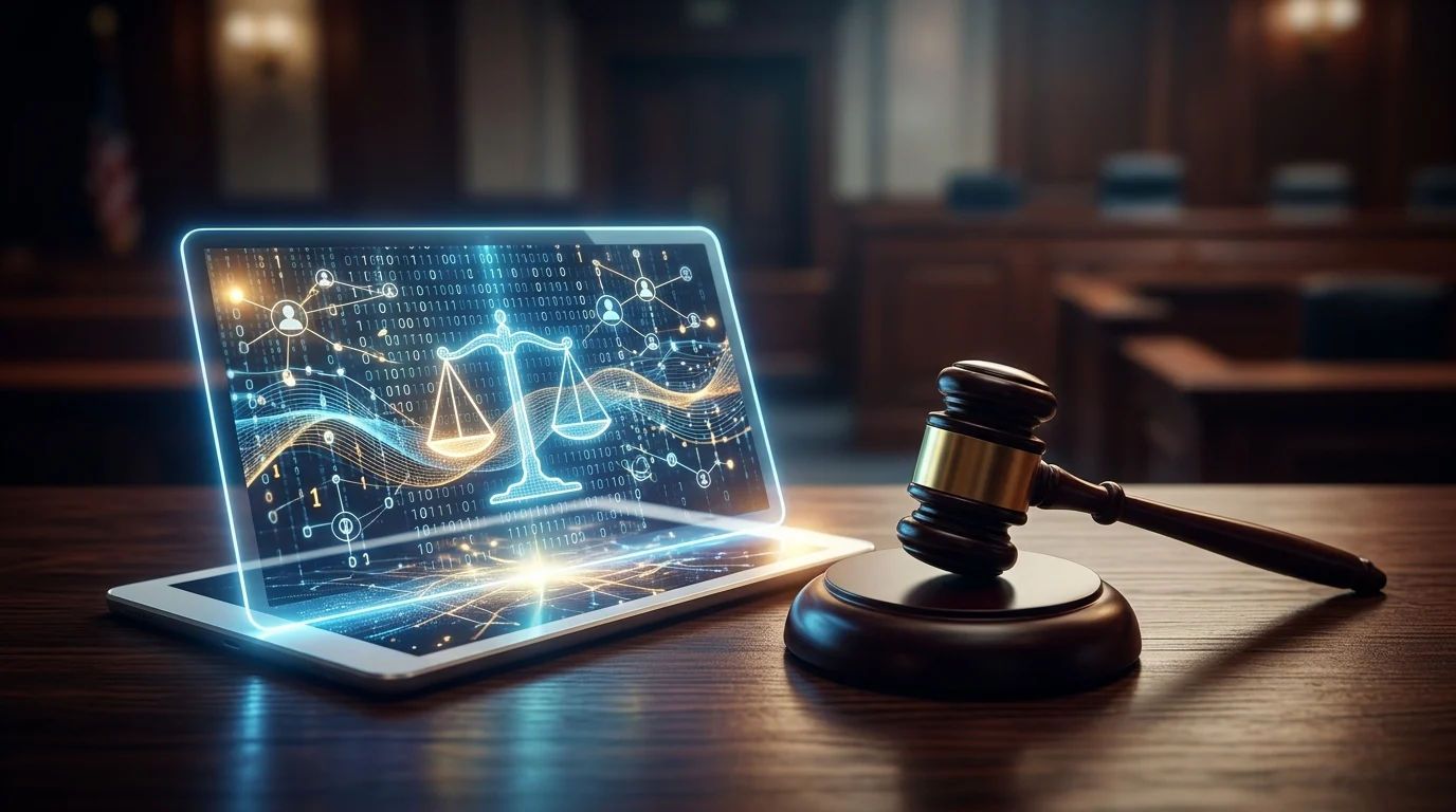 Conceptual image of a gavel and a digital interface representing a legal dispute.