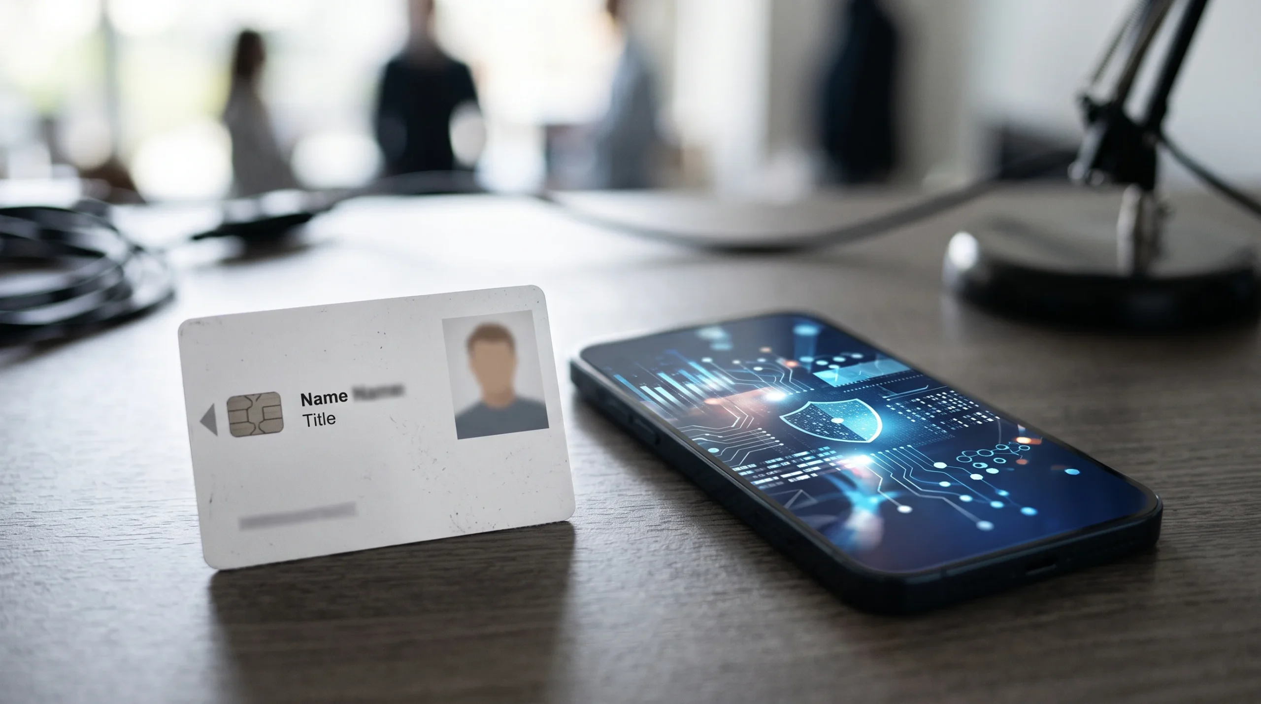 A generic identification card and a smartphone on a neutral surface.
