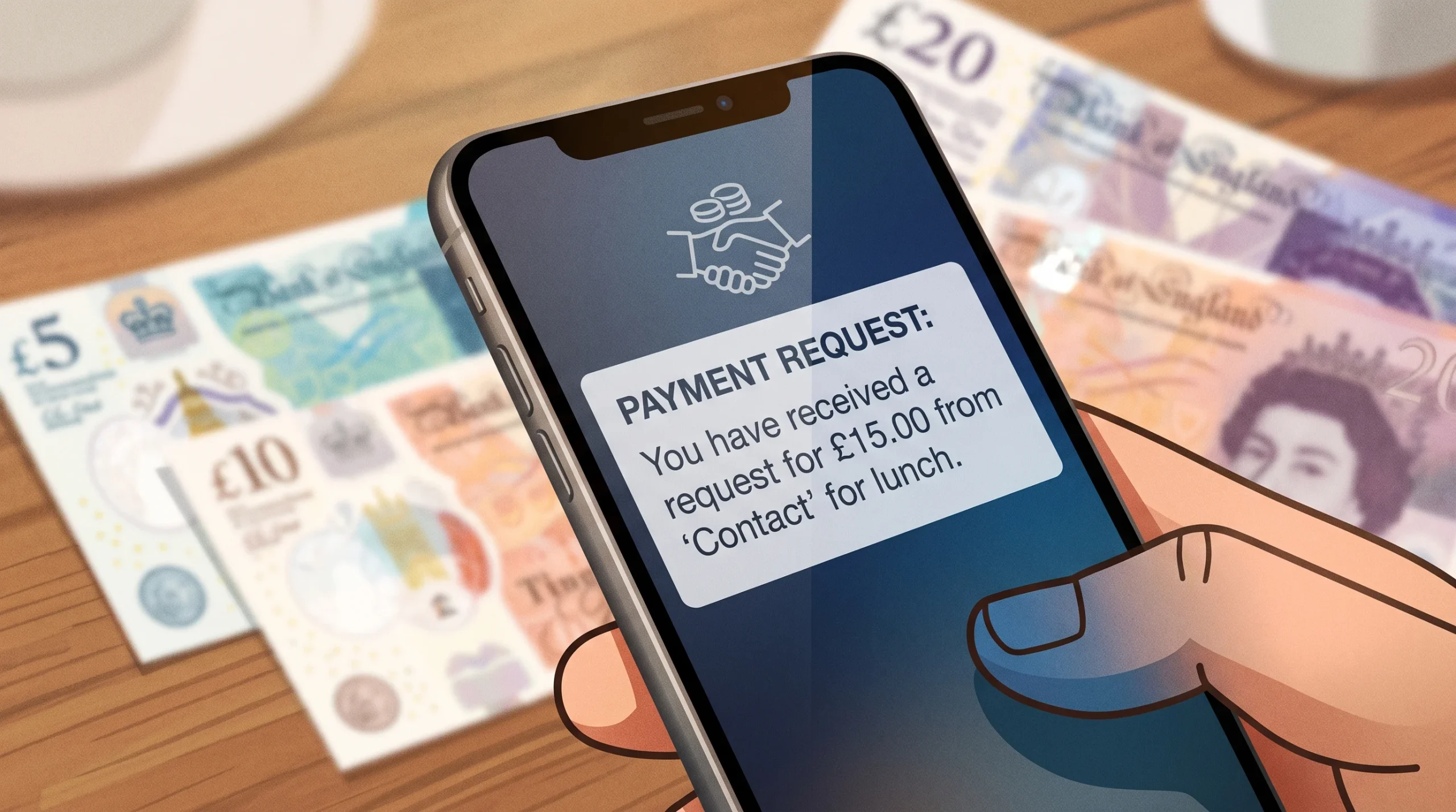 A smartphone showing a generic payment request notification with blurred British currency.