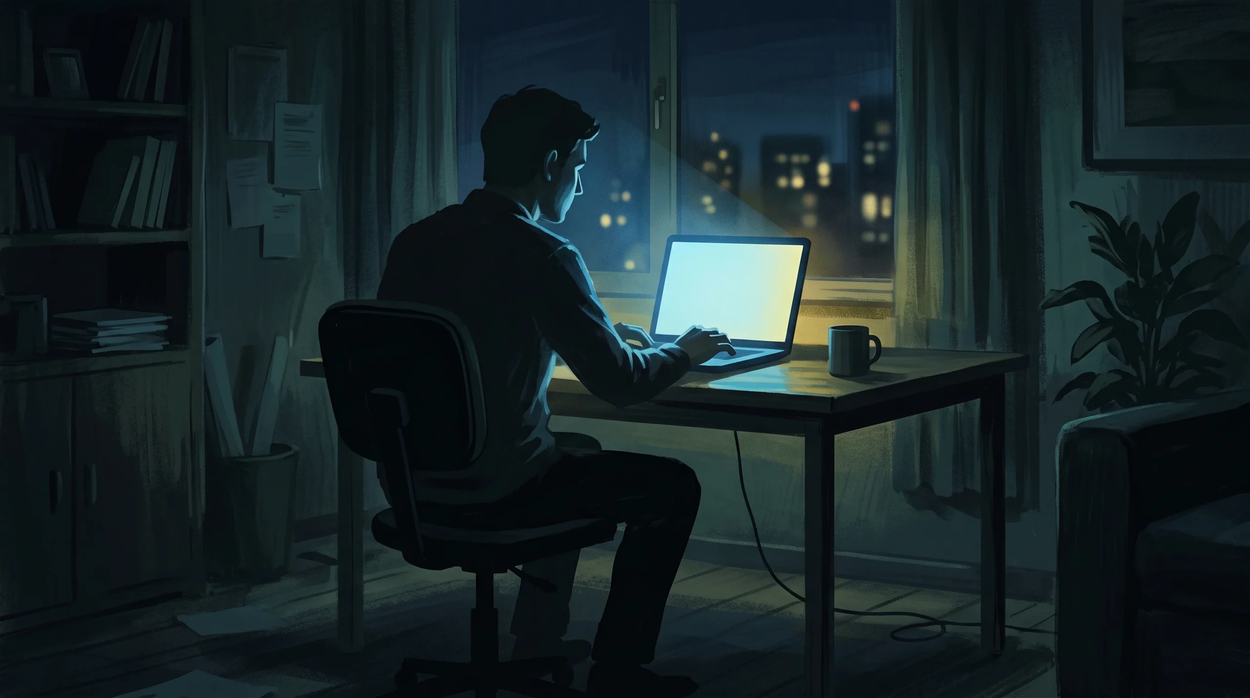 A conceptual image of digital presenteeism showing a glowing screen in a dark room.