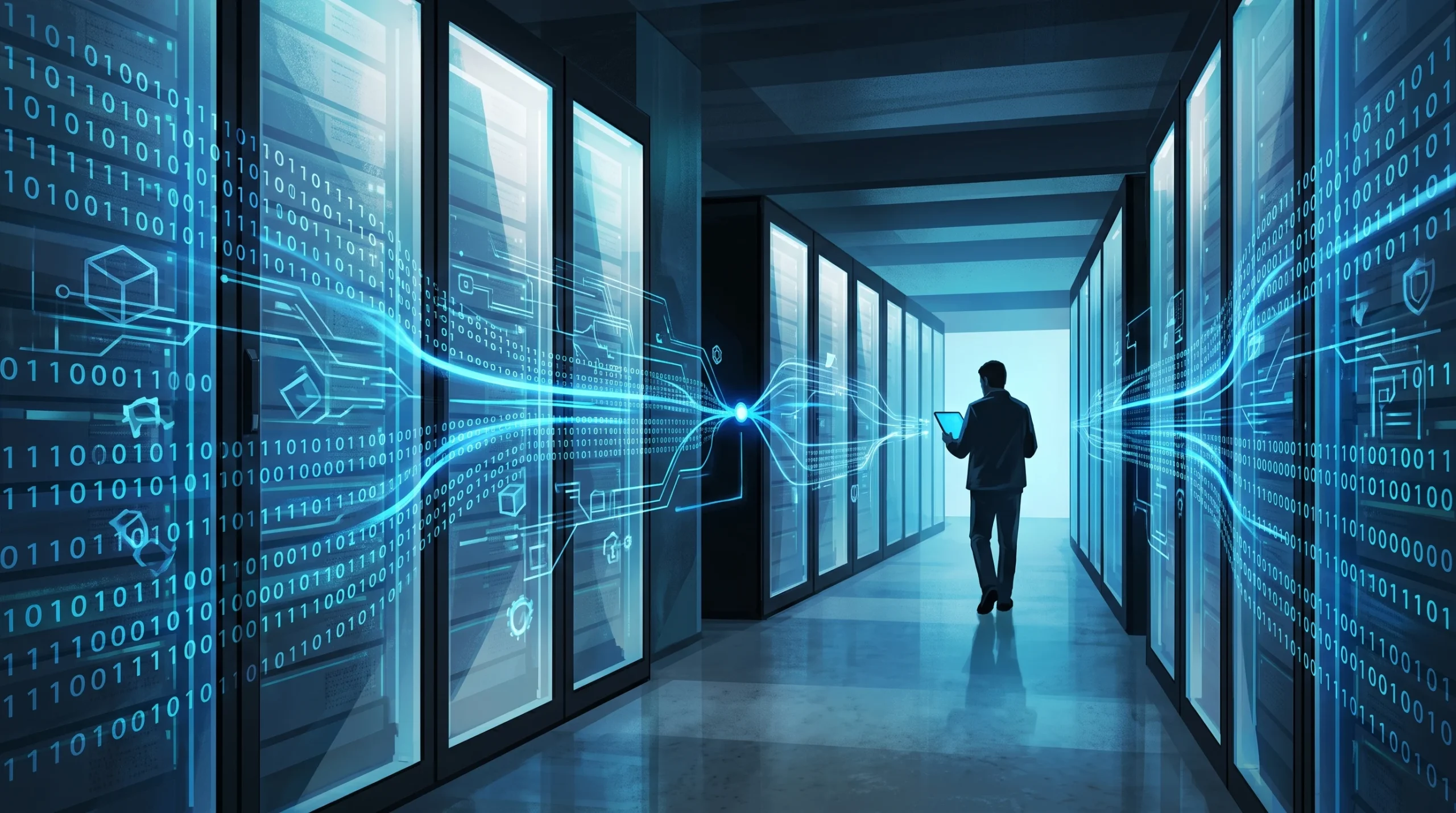 A conceptual digital server room representing game development and security.