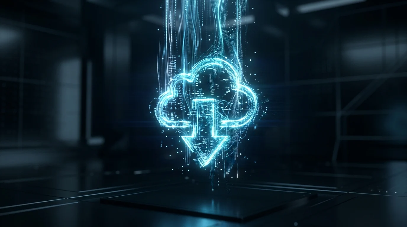 A minimalist holographic icon representing digital data distribution.