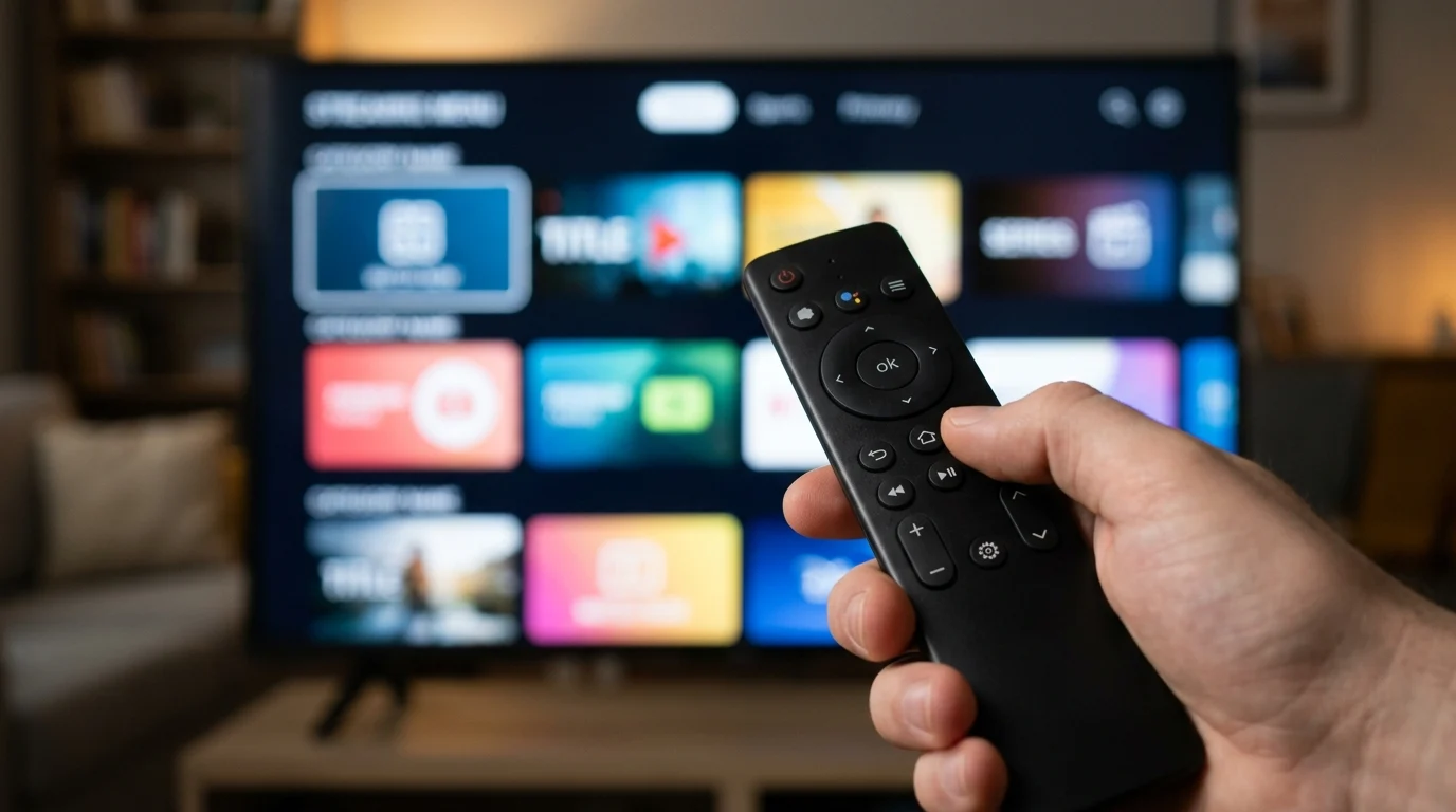 A television remote being used to navigate a streaming service.