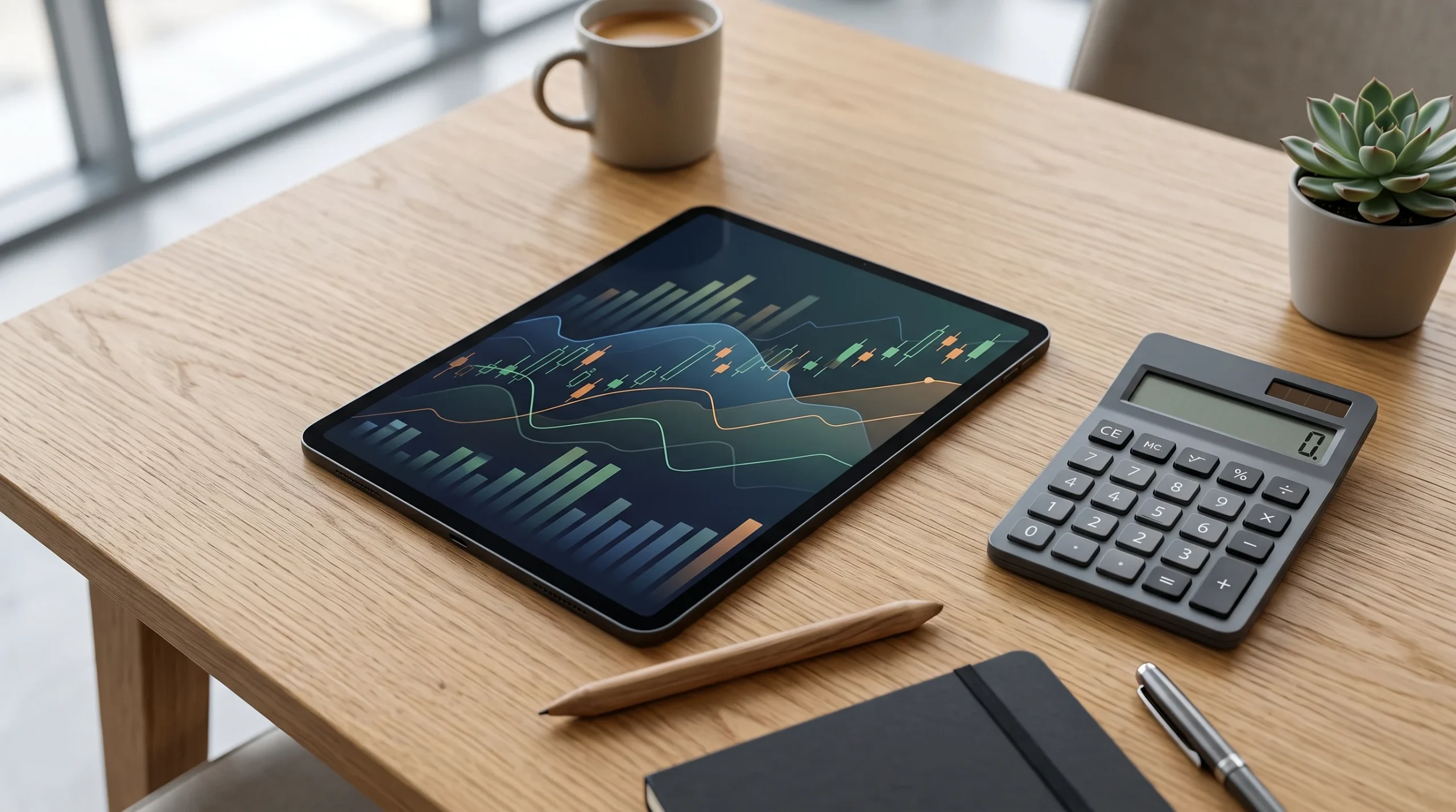 A tablet and calculator on a desk representing digital financial reporting.