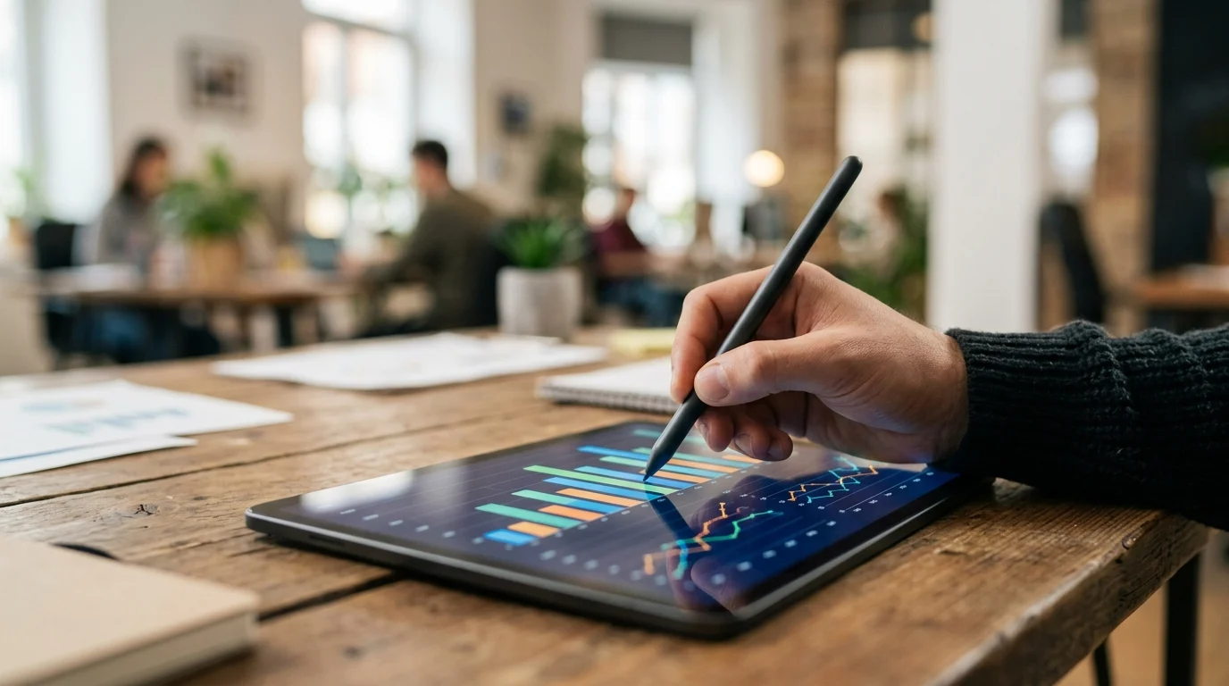 A person using a digital tablet for financial data tracking.