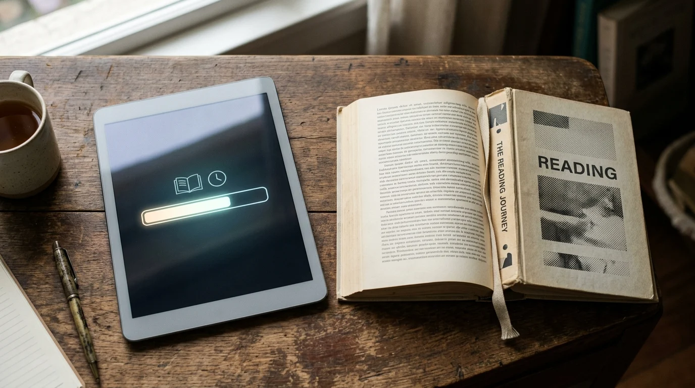 A tablet and a physical book side by side on a desk.
