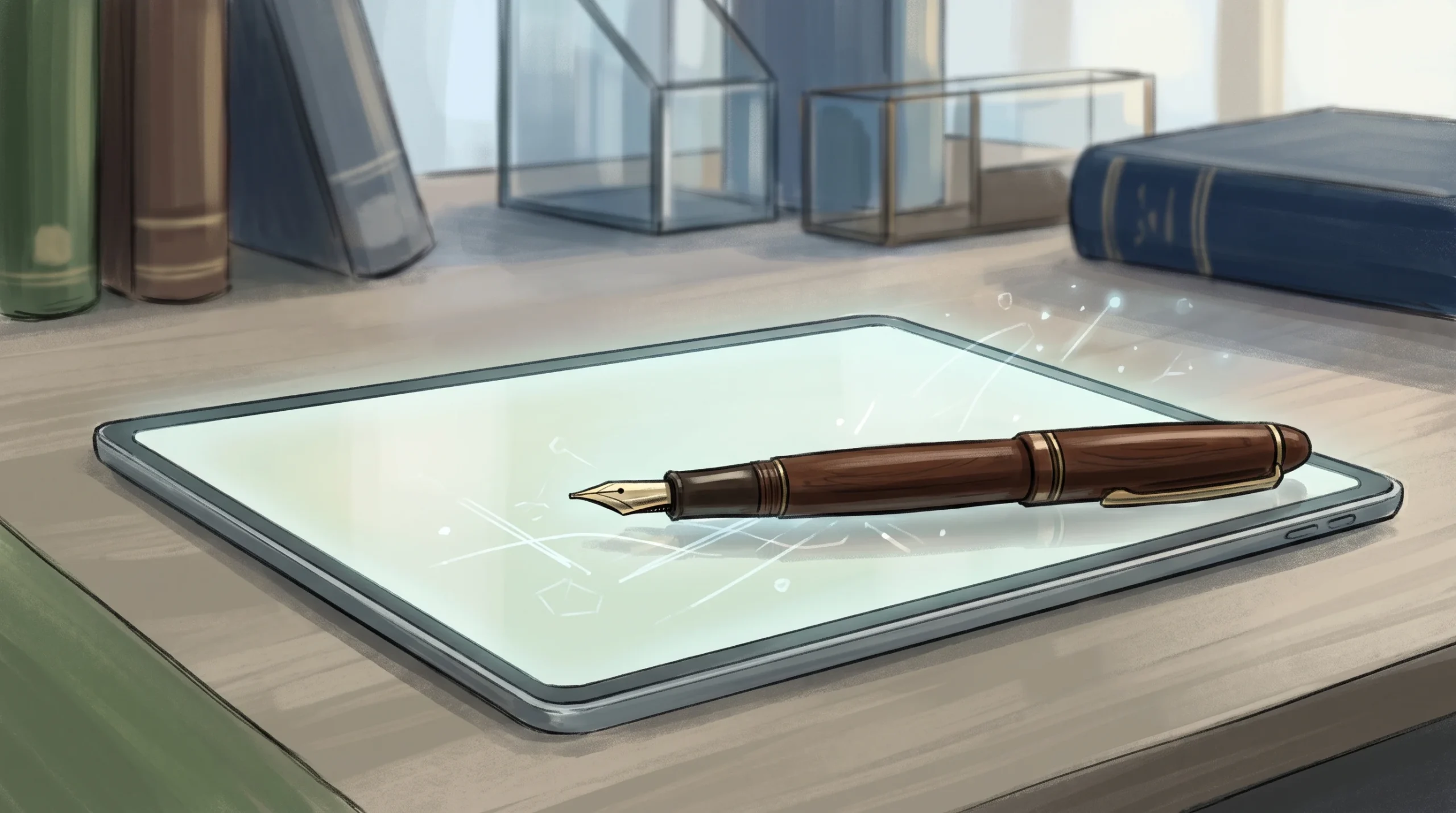 A fountain pen resting on a digital tablet screen