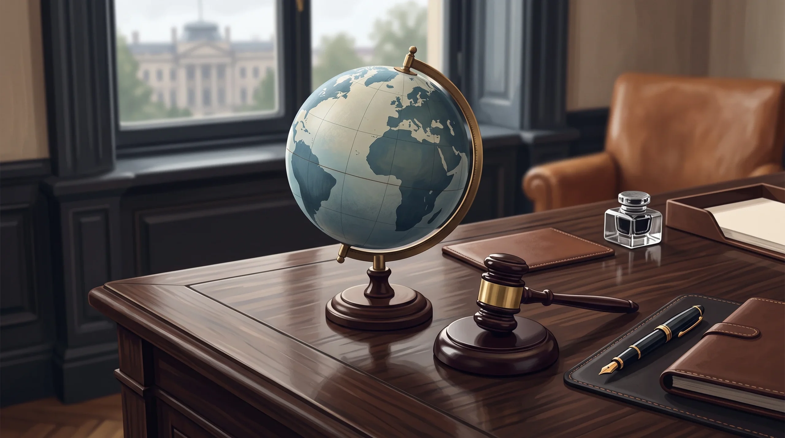 A conceptual image of a gavel and a globe representing international law and diplomacy.