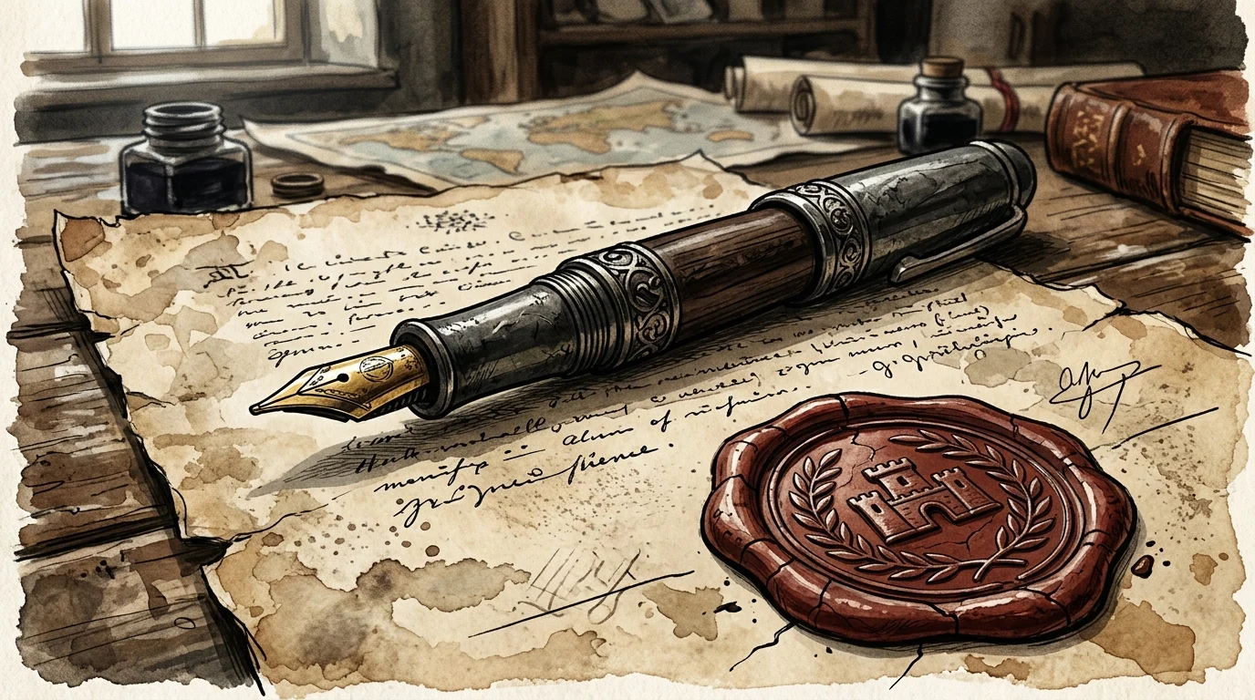 Conceptual image of an official diplomatic document and pen.