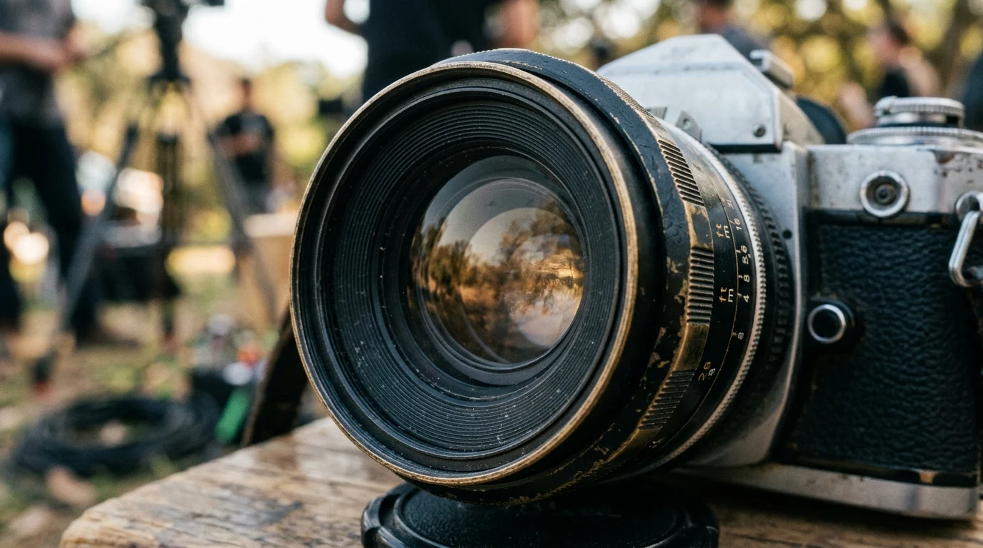 A close-up of a camera lens reflecting a blurred scene.