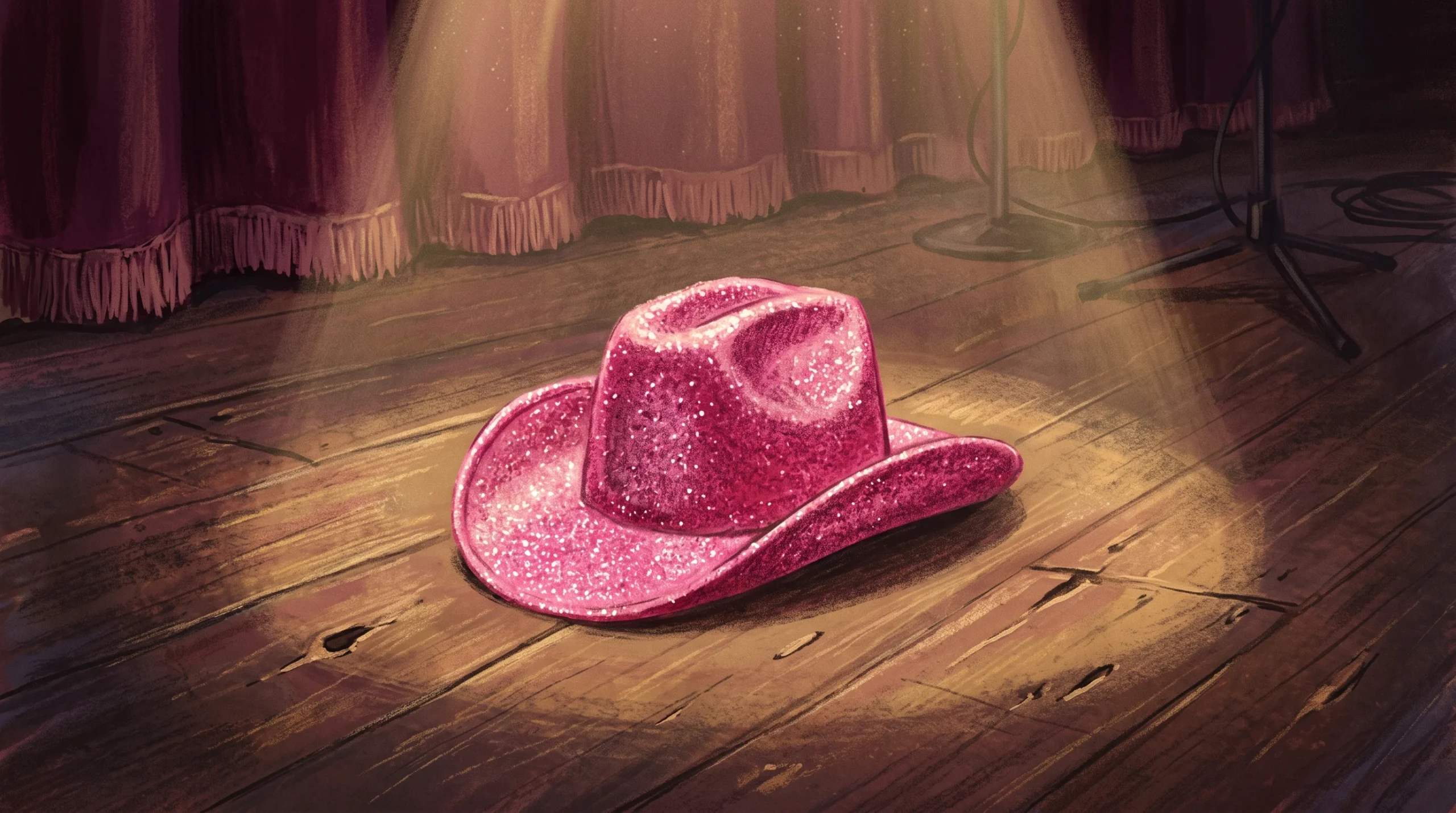 A sparkling pink cowboy hat on a stage under a spotlight