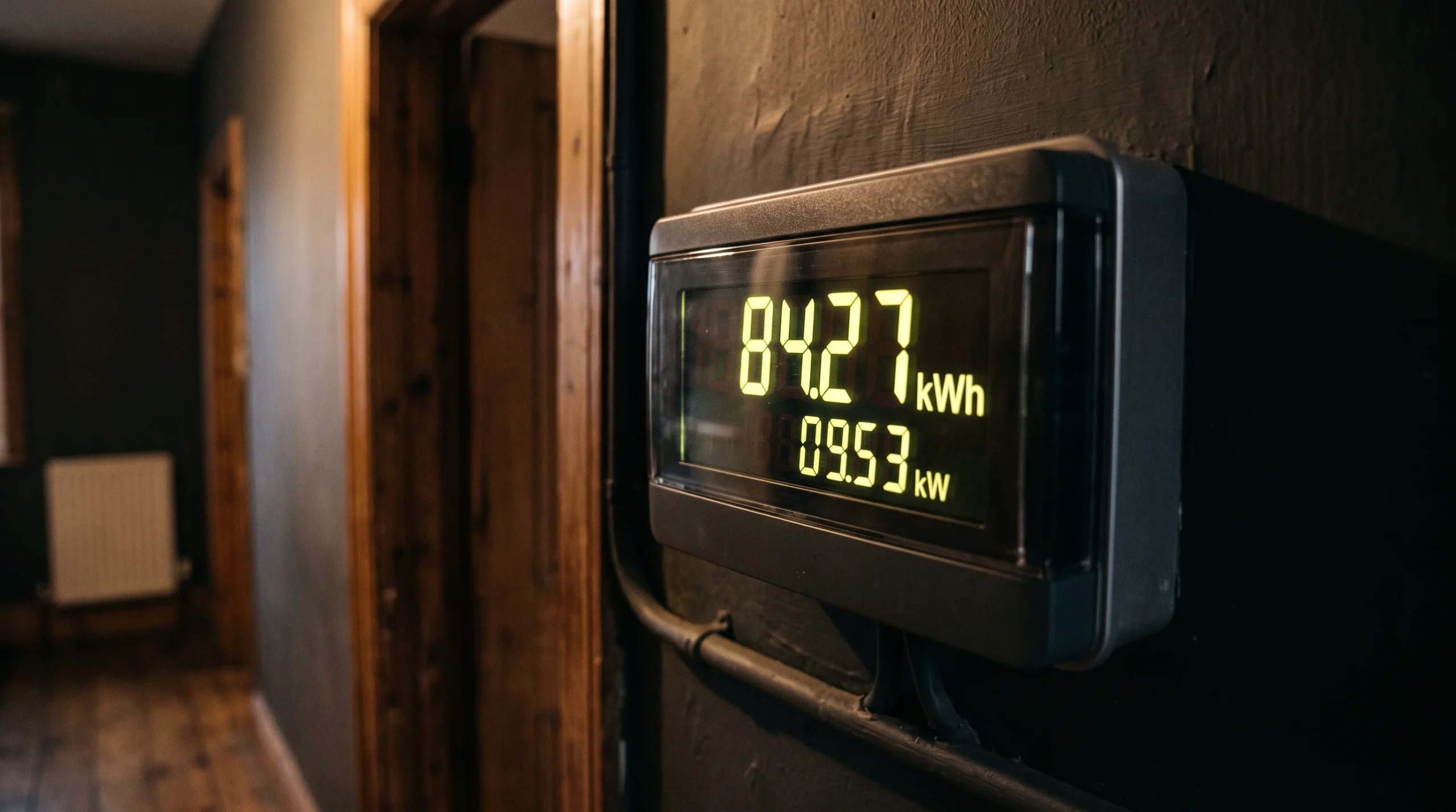 A close-up of a digital energy meter display in a home.