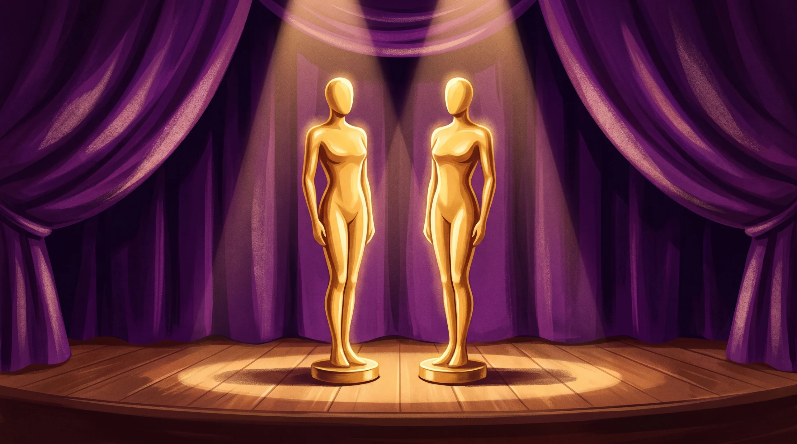 Two golden award statuettes on a spotlighted stage.