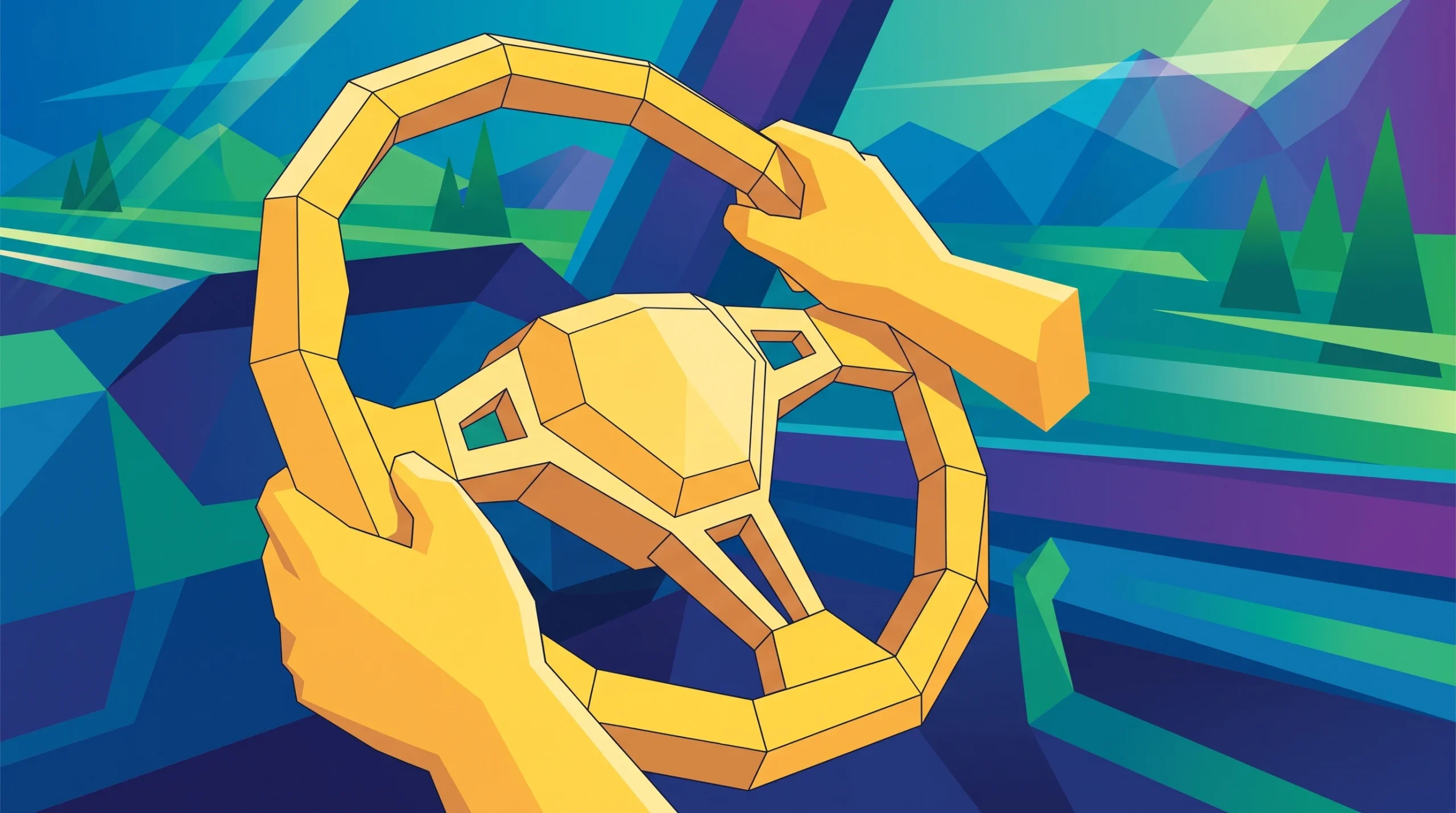 A stylised low-poly illustration of a bus steering wheel.