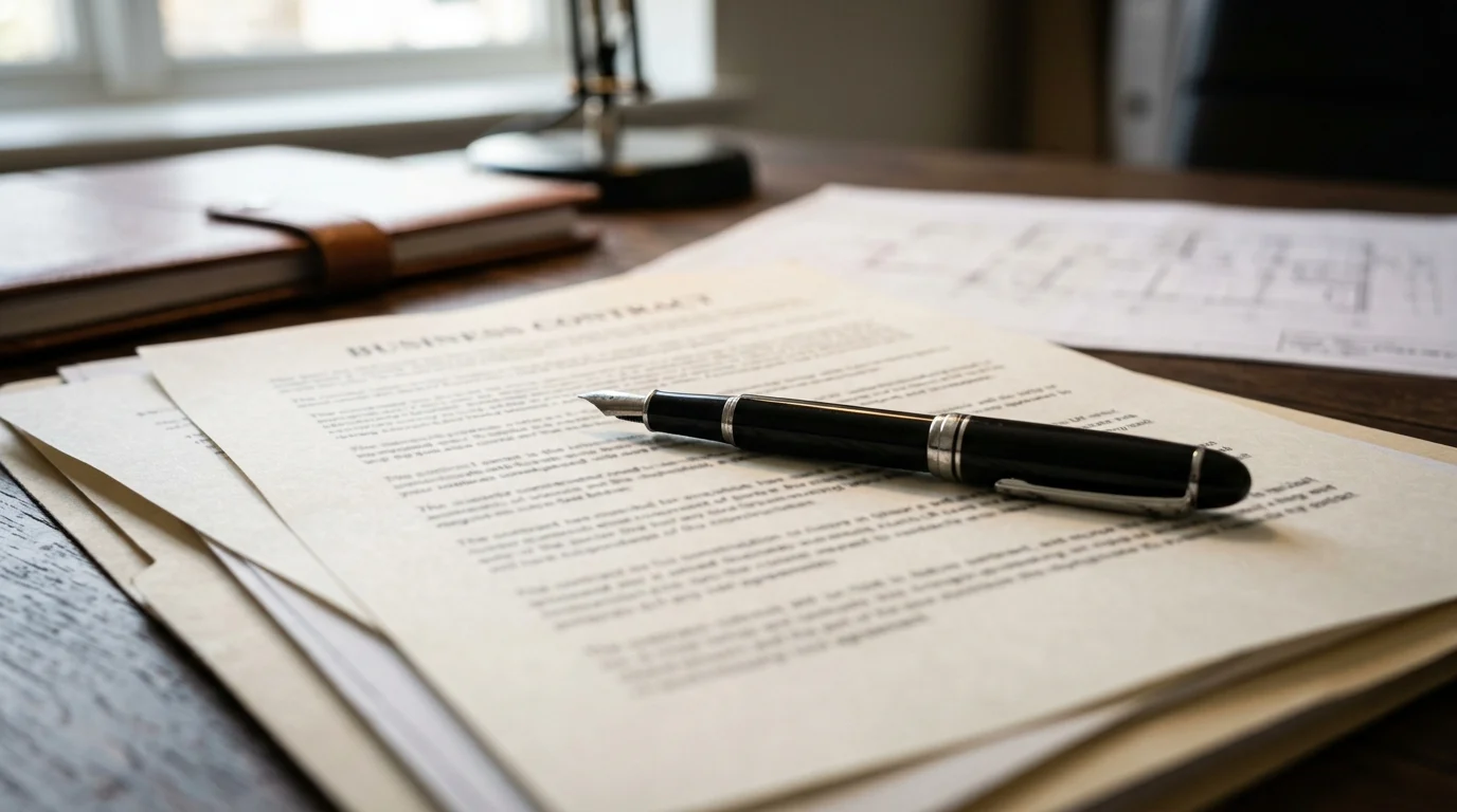 A pen resting on a business contract.
