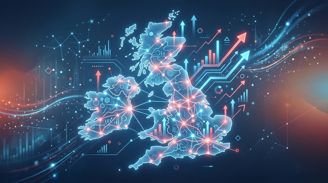 Conceptual graphic of economic renewal across a UK map.