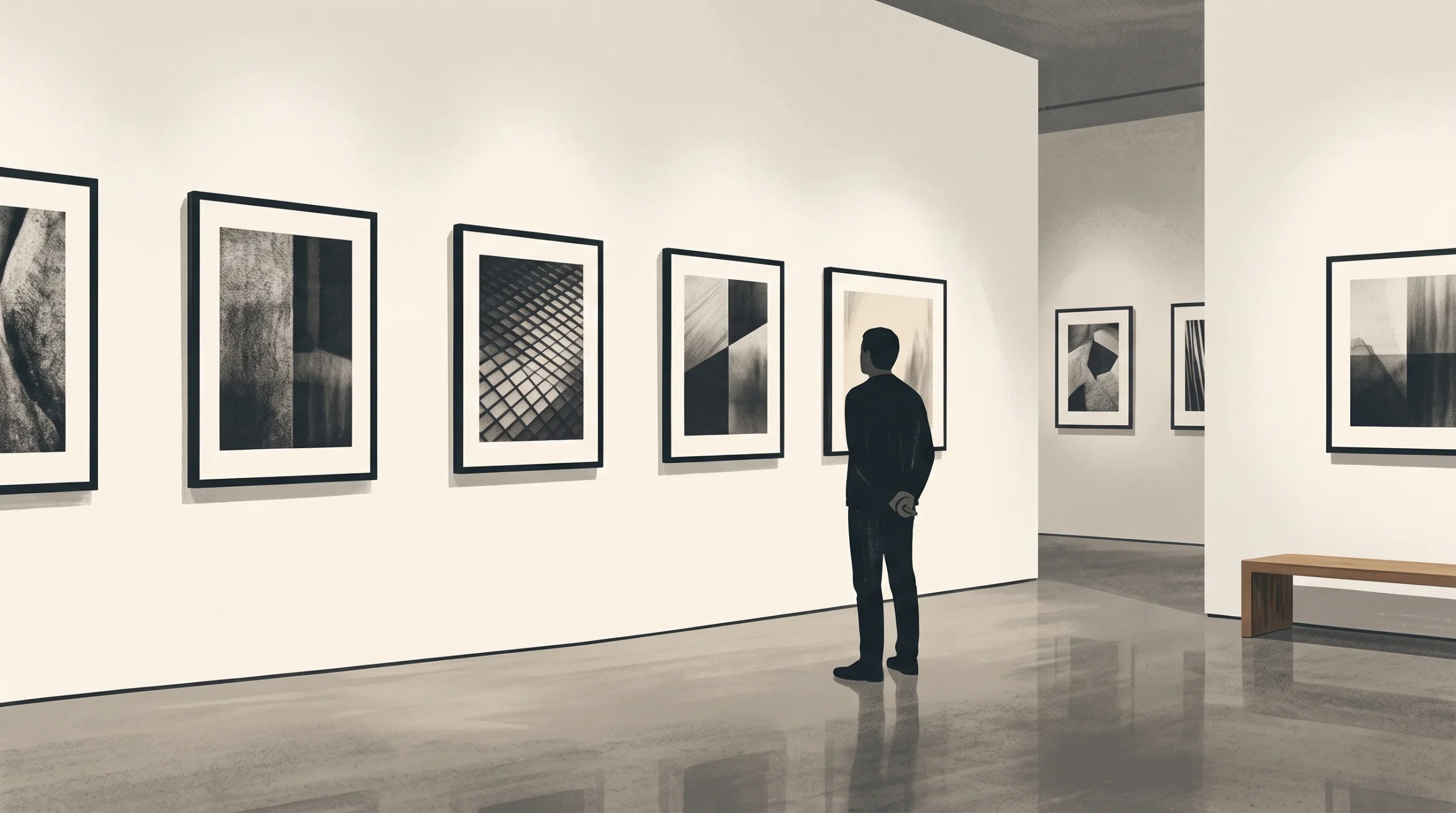 A minimalist art gallery interior featuring framed photographs on white walls.