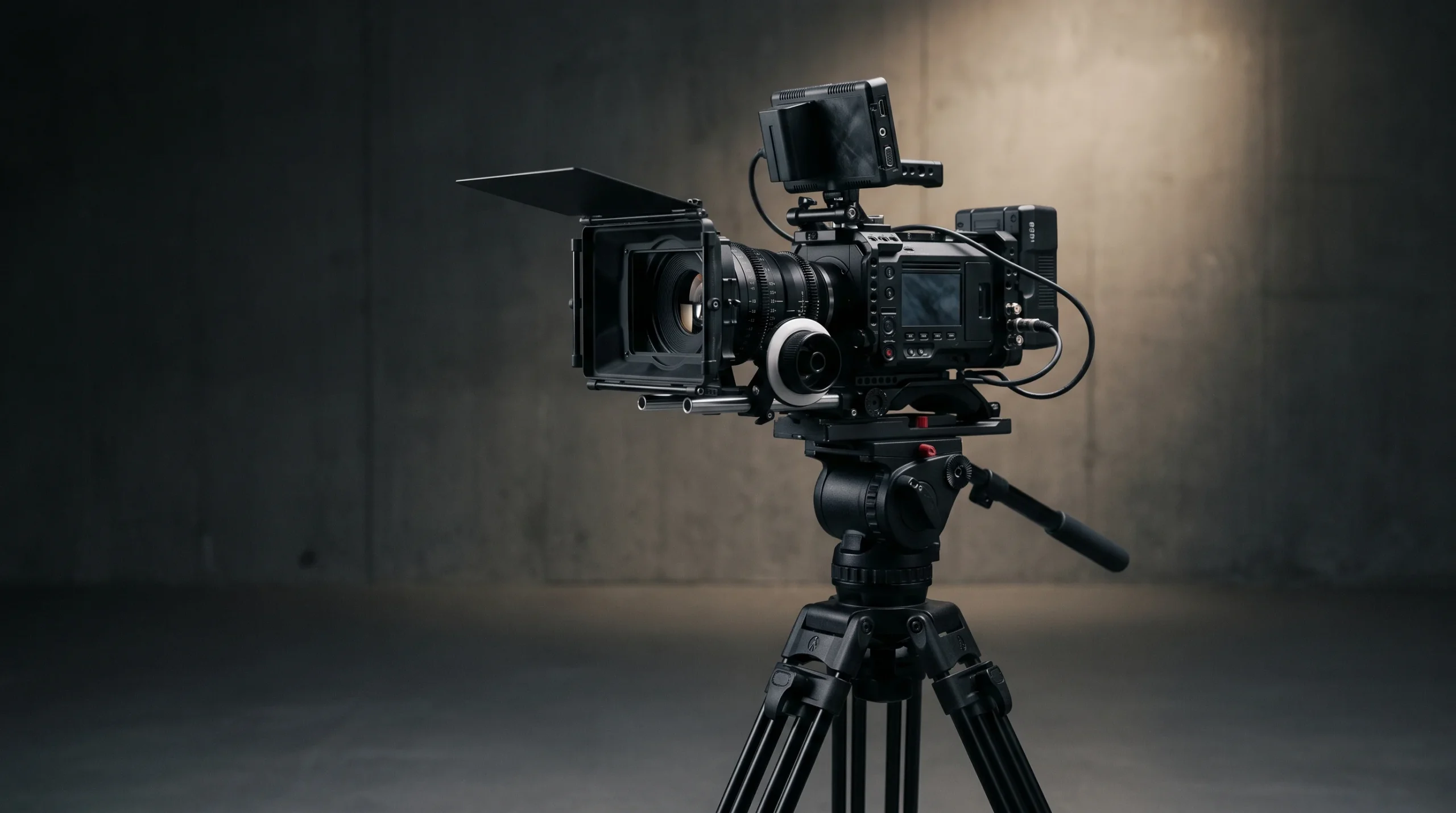 A professional cinema camera in a studio setting