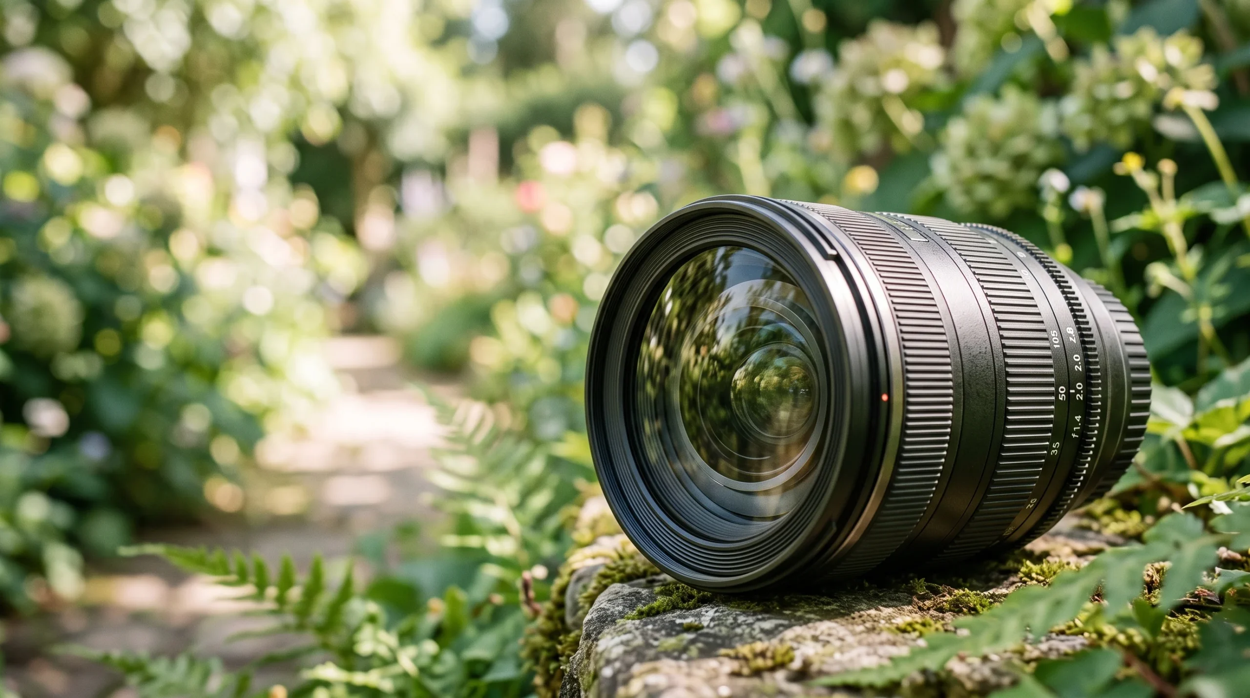 A close-up of a professional camera lens reflecting a garden scene