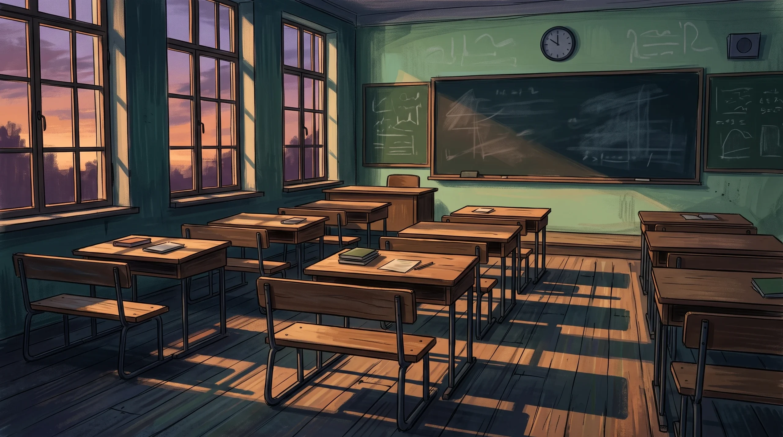 A conceptual illustration of an empty primary school classroom with atmospheric lighting.