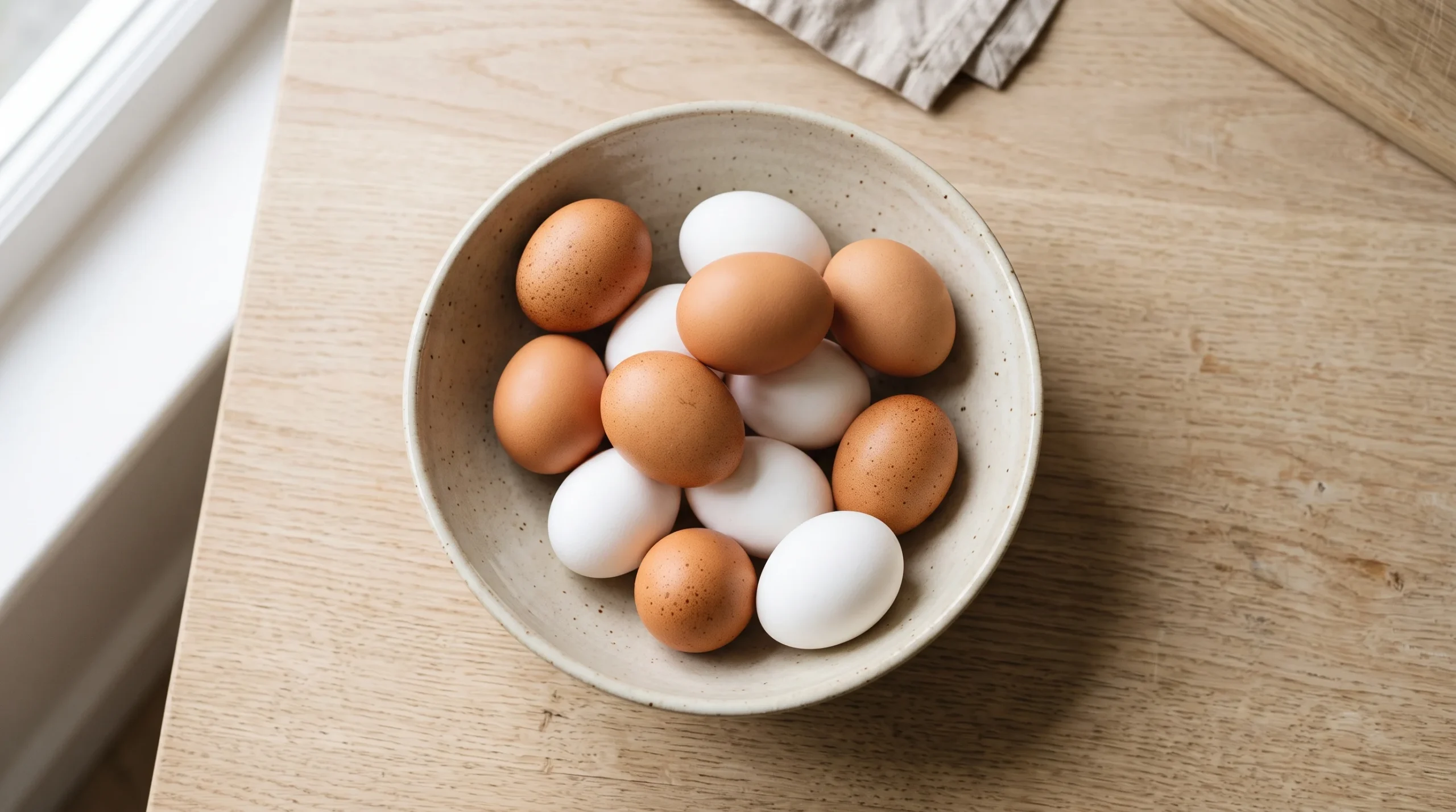 A group of plain brown and white eggs in a neutral bowl on a kitchen surface.