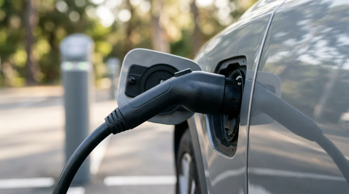A charging cable connected to an electric vehicle.