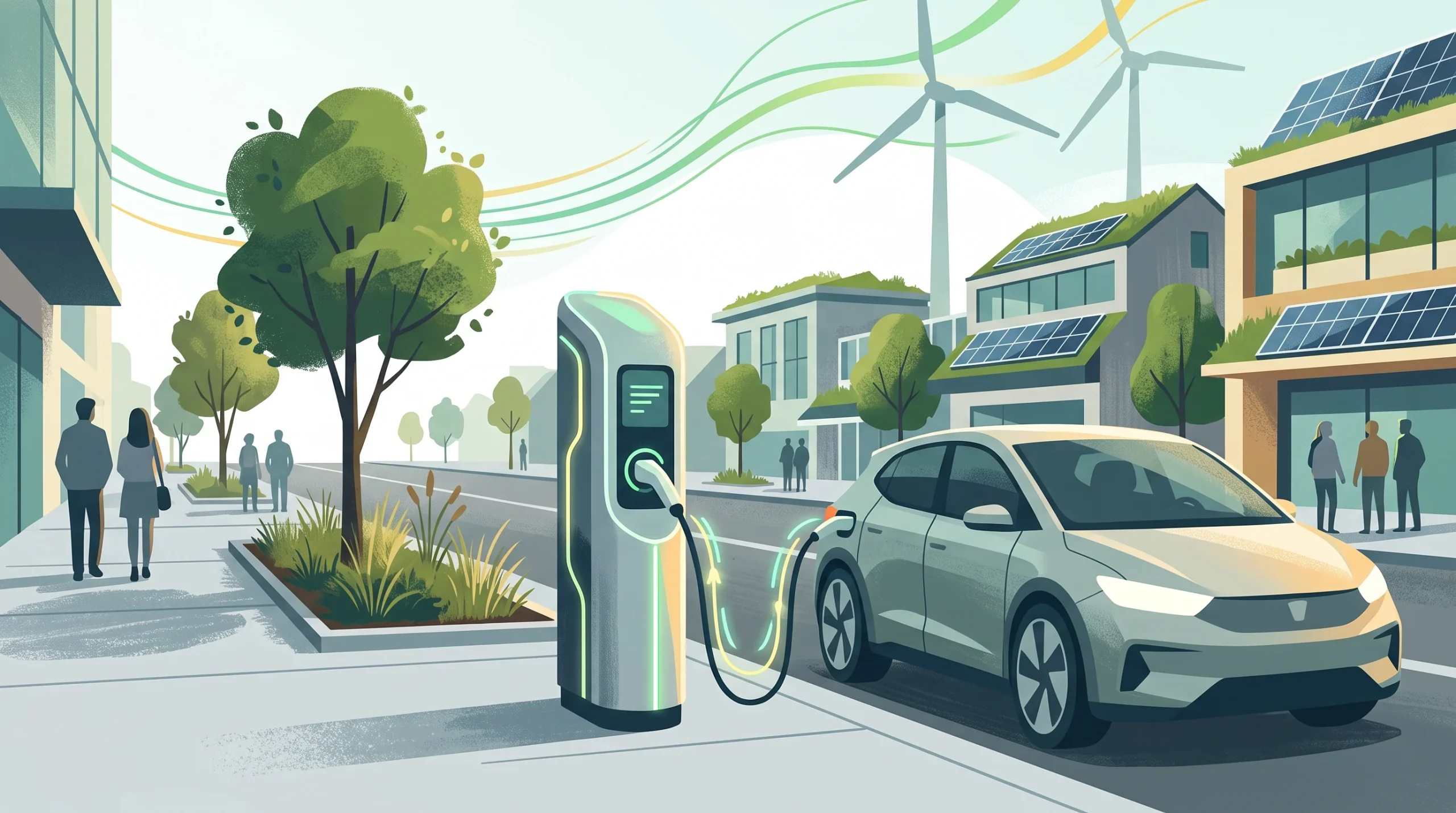 Conceptual illustration of an electric vehicle charging station on a modern street.