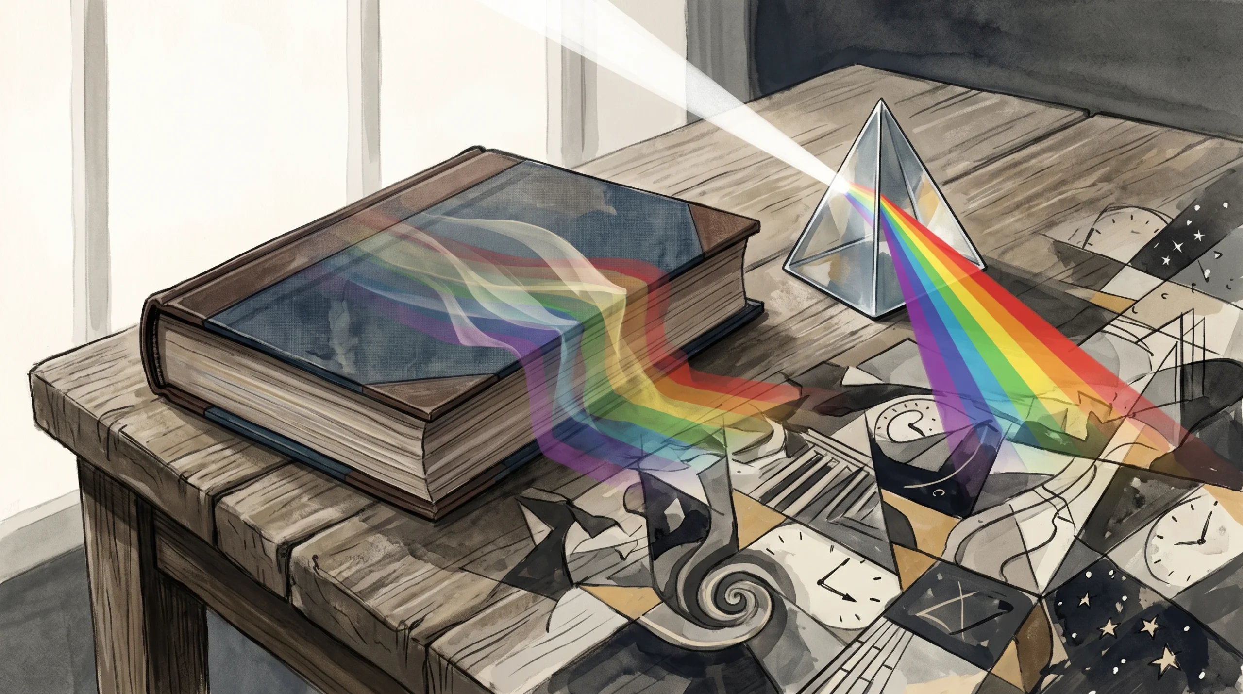 A conceptual illustration of a book and a glass prism on a table.