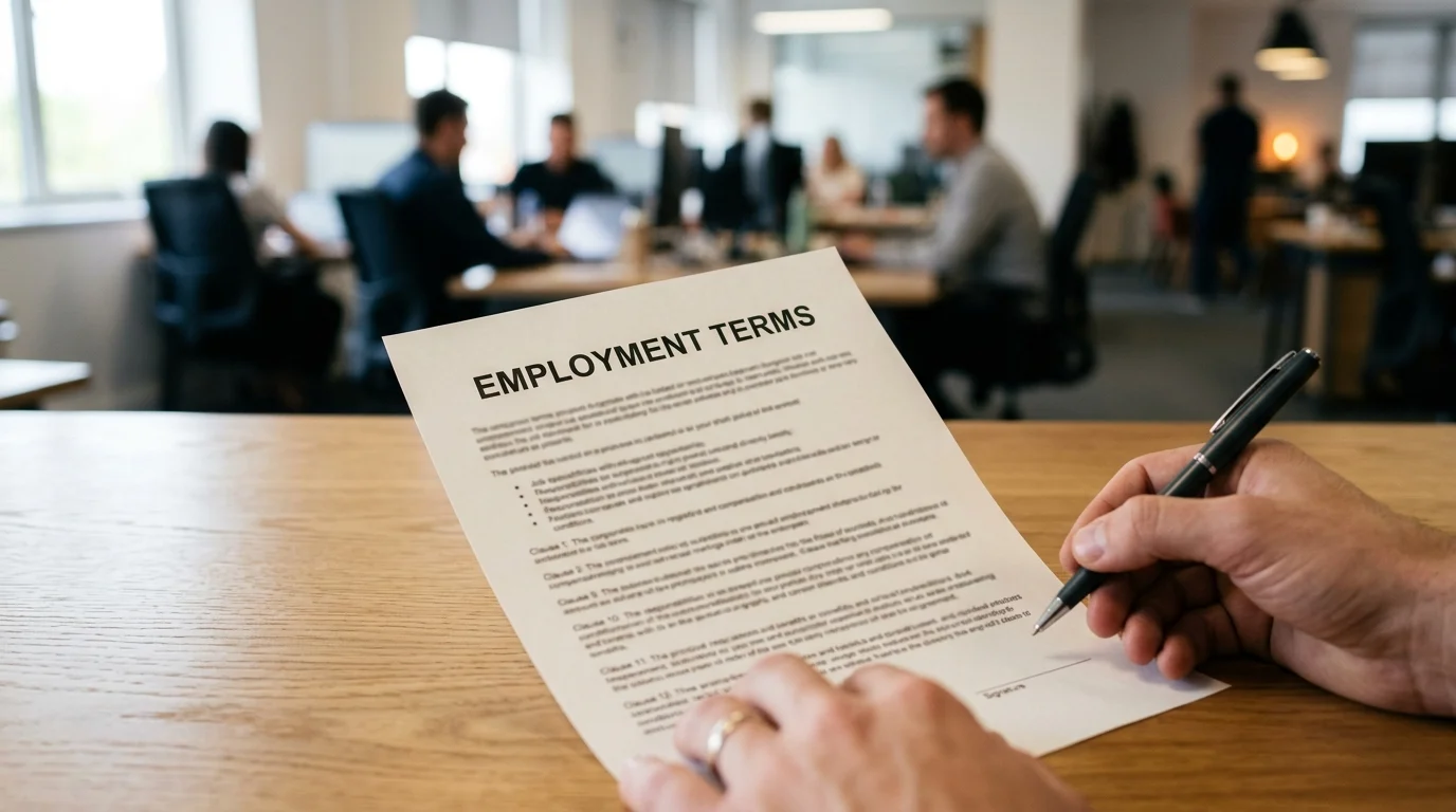 Close-up of a generic employment contract on a desk.