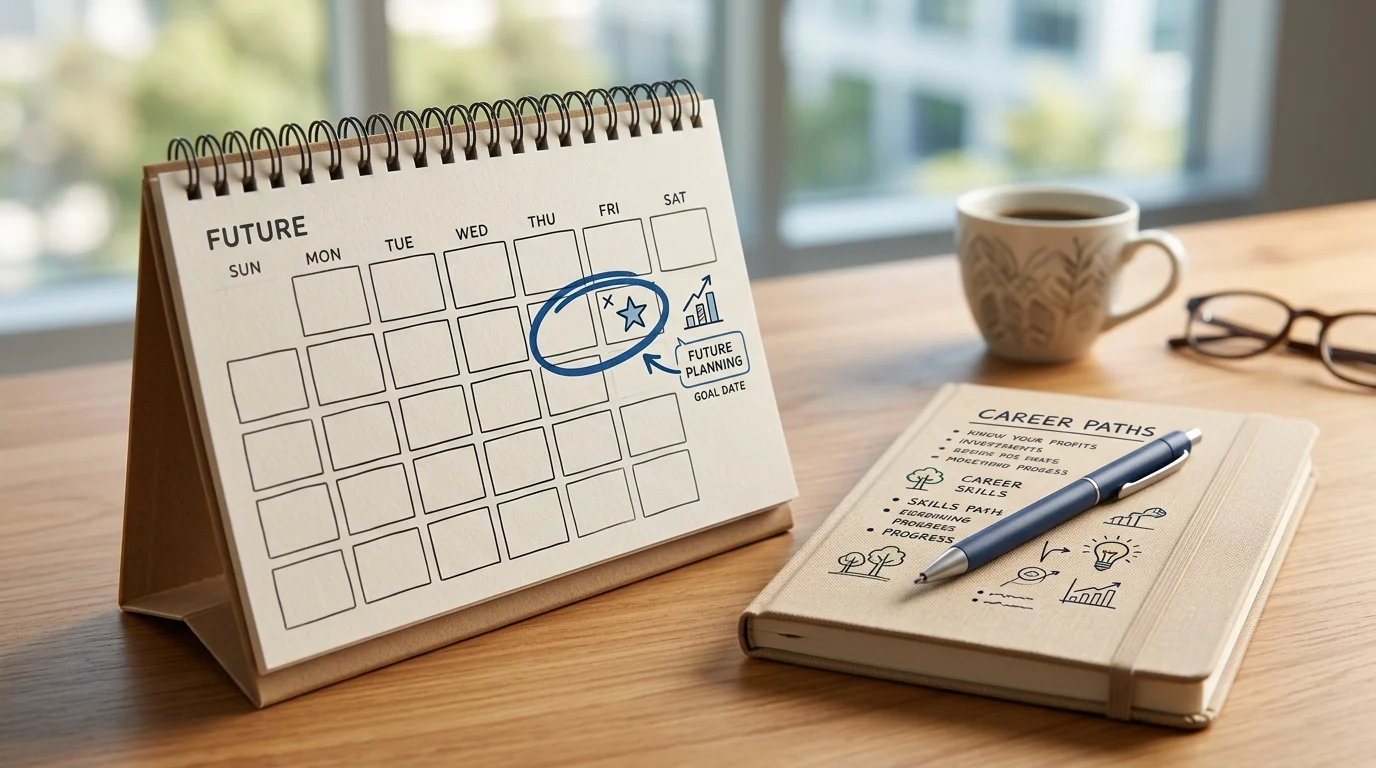 A calendar and pen on a desk representing career planning.