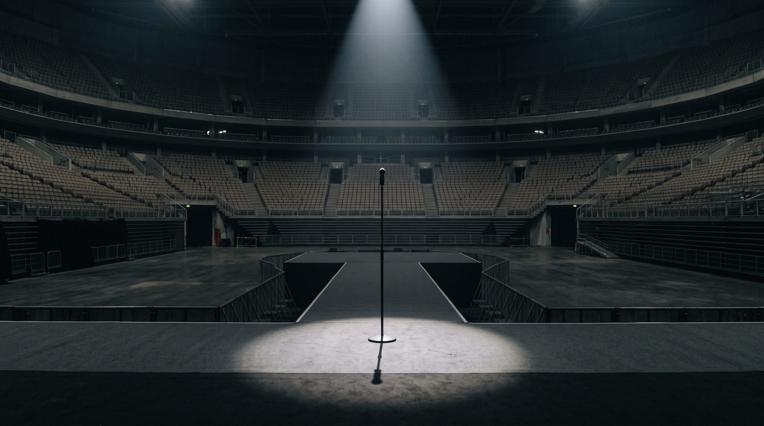 A conceptual illustration of an empty concert stage with a single spotlight.