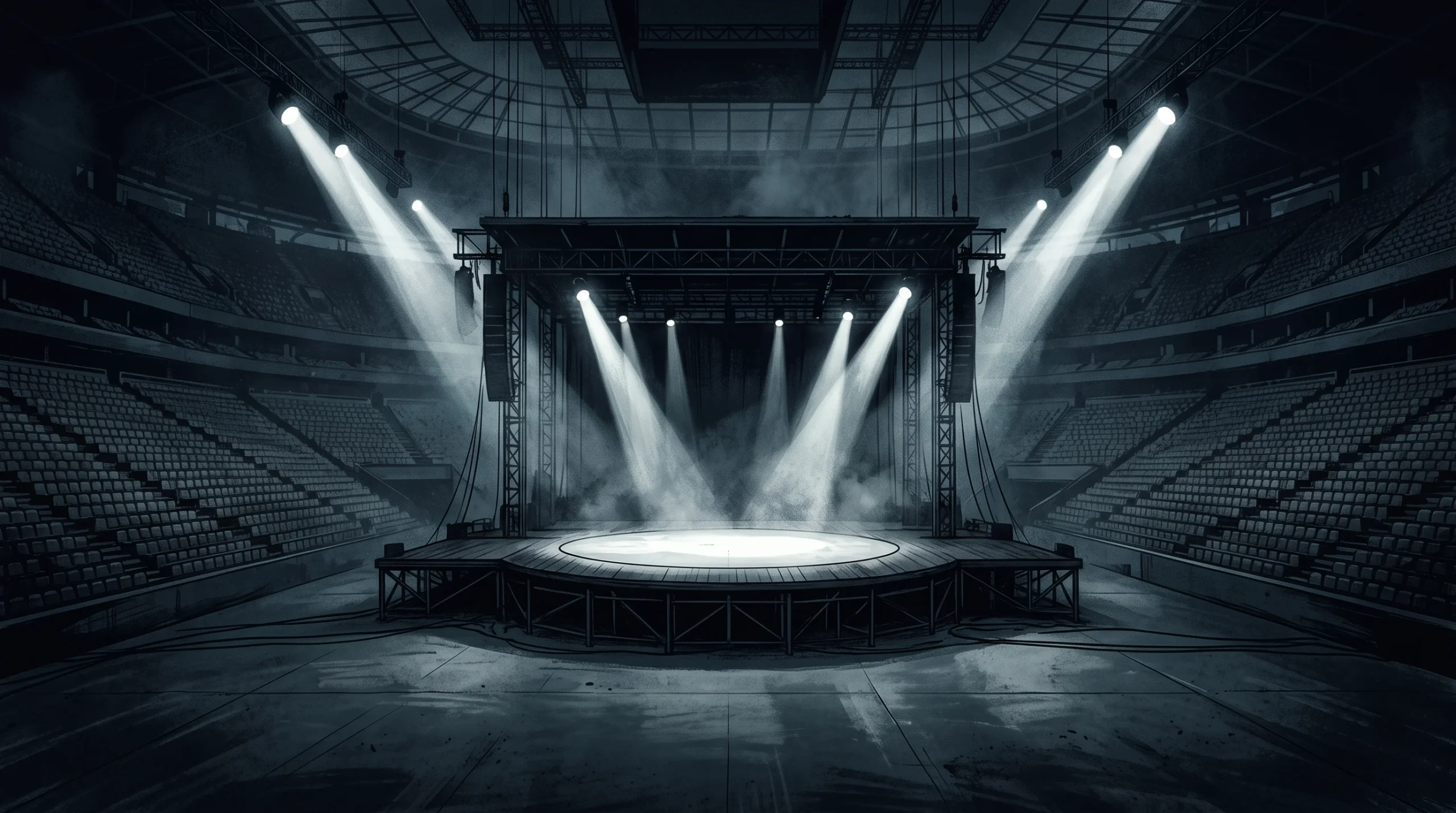 A conceptual illustration of an empty concert stage with spotlights.
