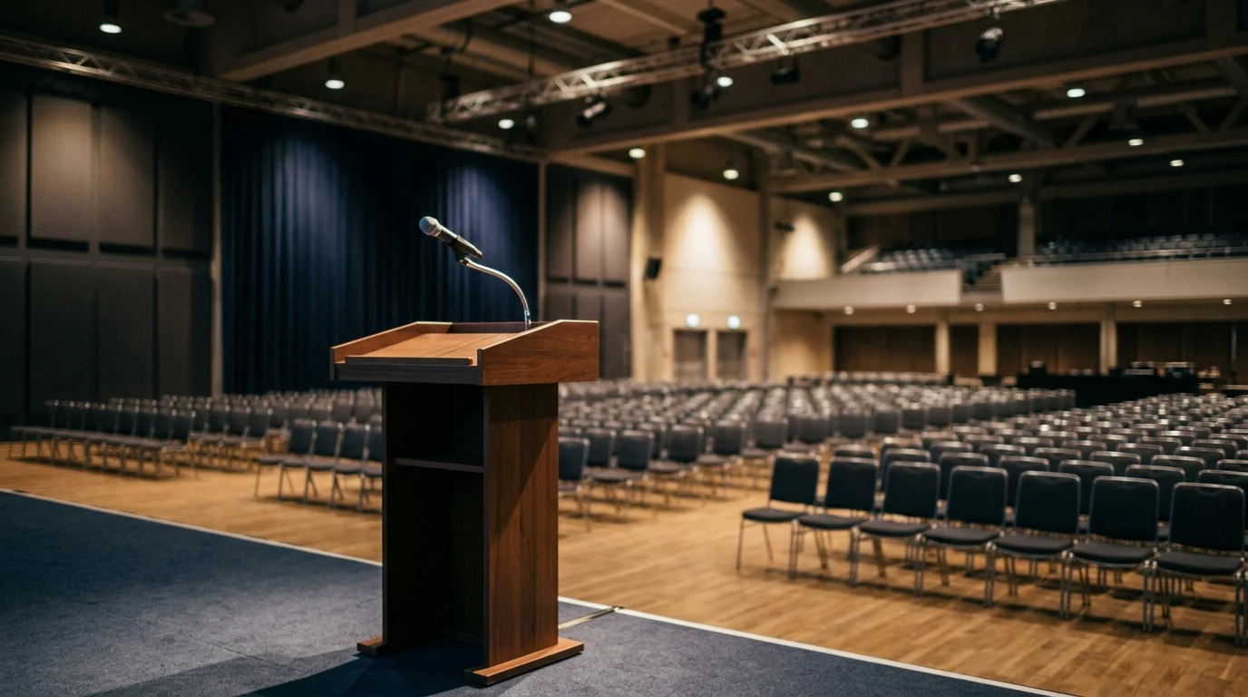 An empty lectern in a conference hall.