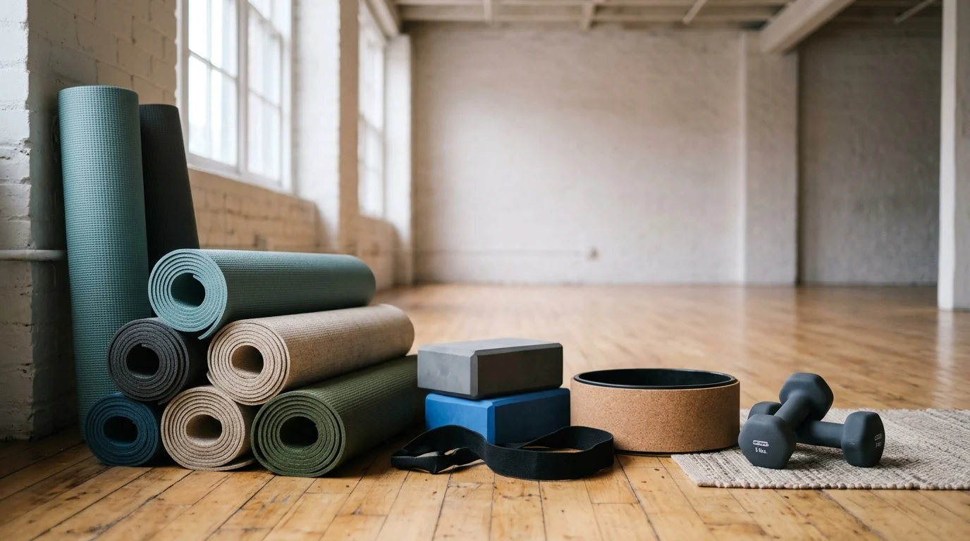 A stack of yoga mats and equipment in an empty exercise room.