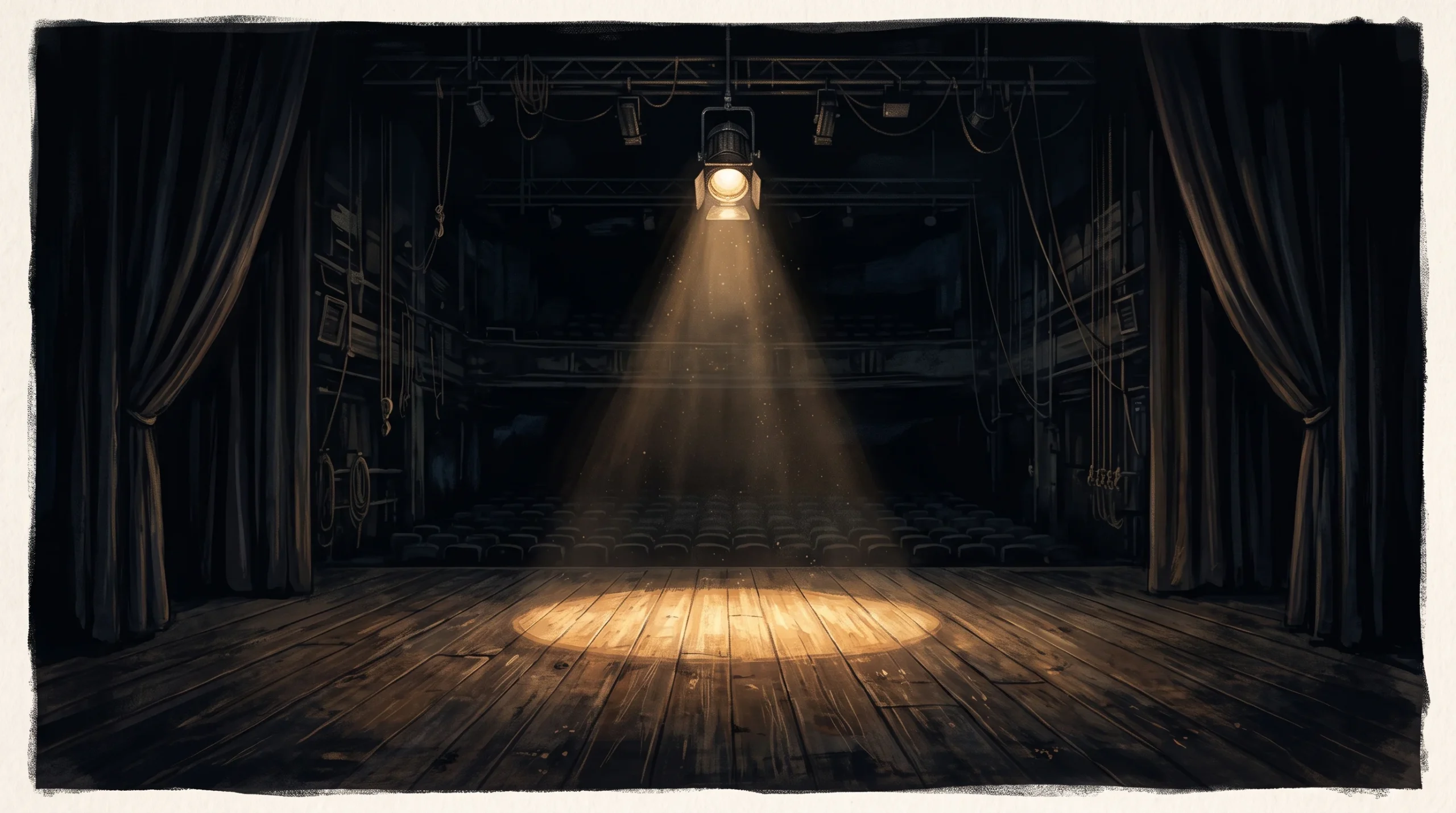 A single spotlight on an empty theatre stage.