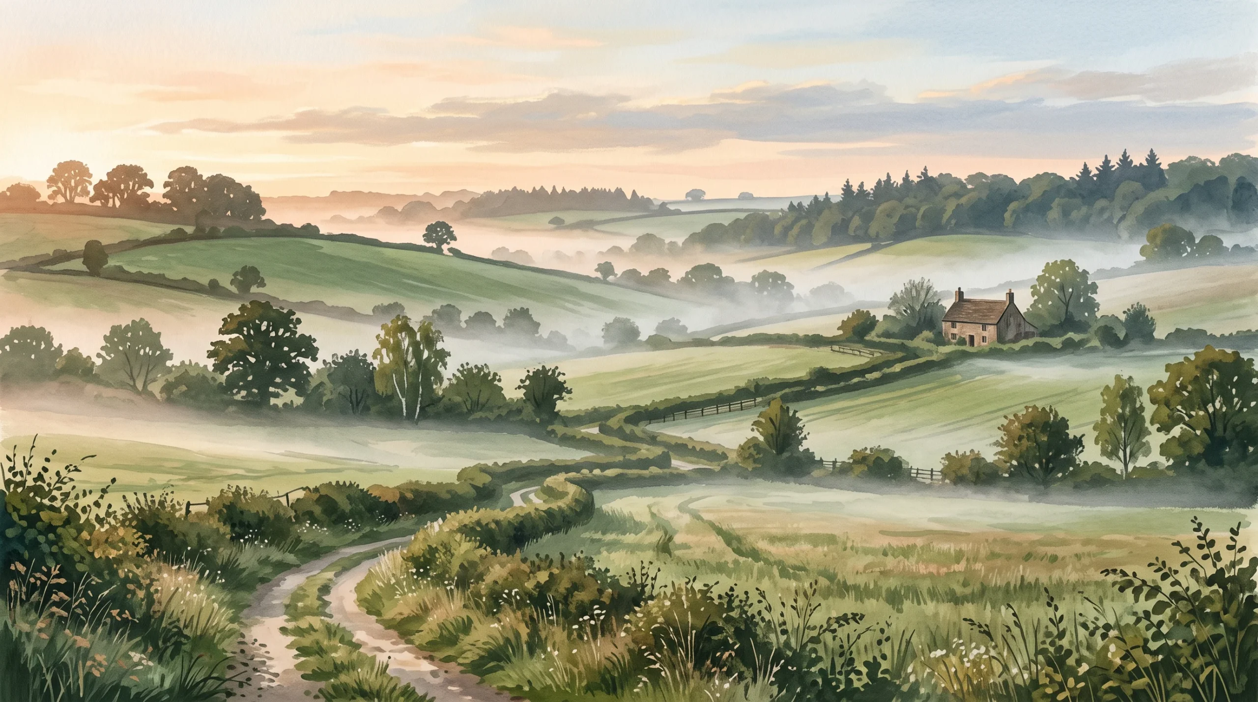 A conceptual illustration of the English countryside landscape.