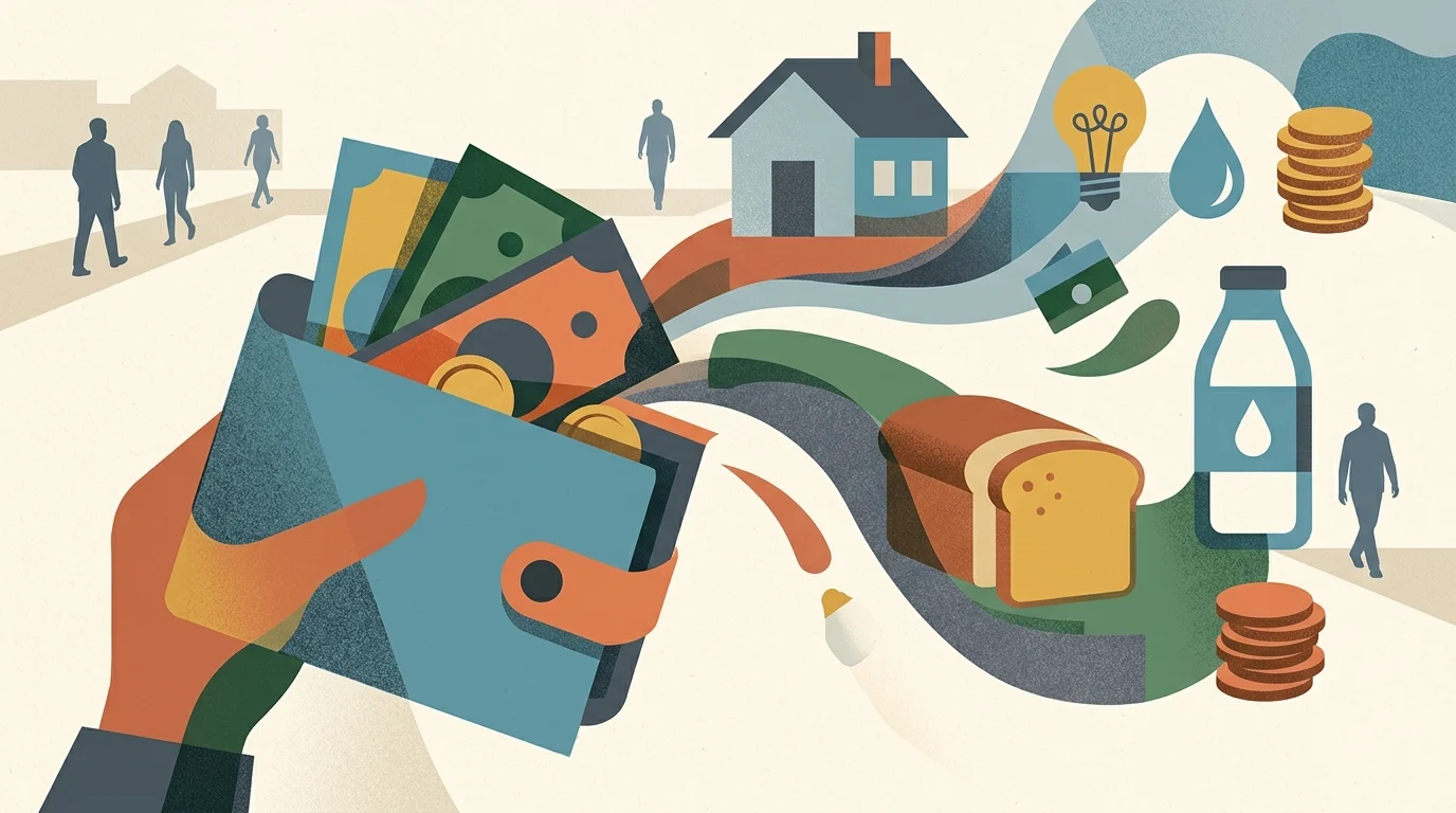 Abstract illustration of groceries and a wallet.