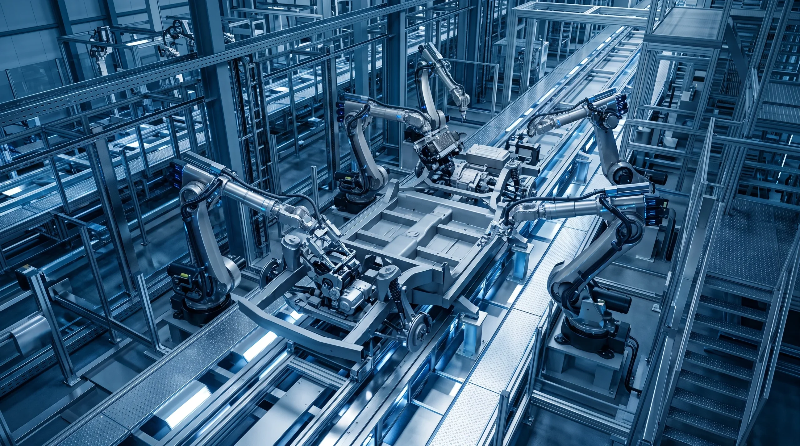 A conceptual view of an industrial assembly line with robotic arms.