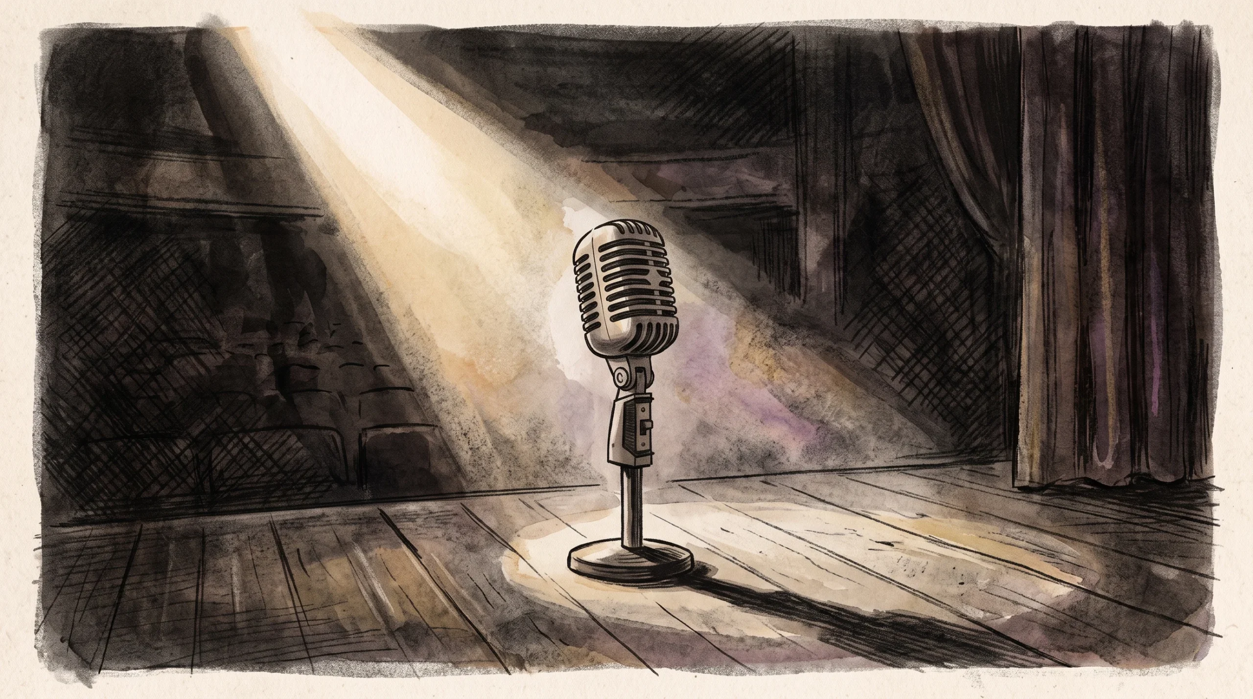 A conceptual image of a microphone on an empty stage under a spotlight.