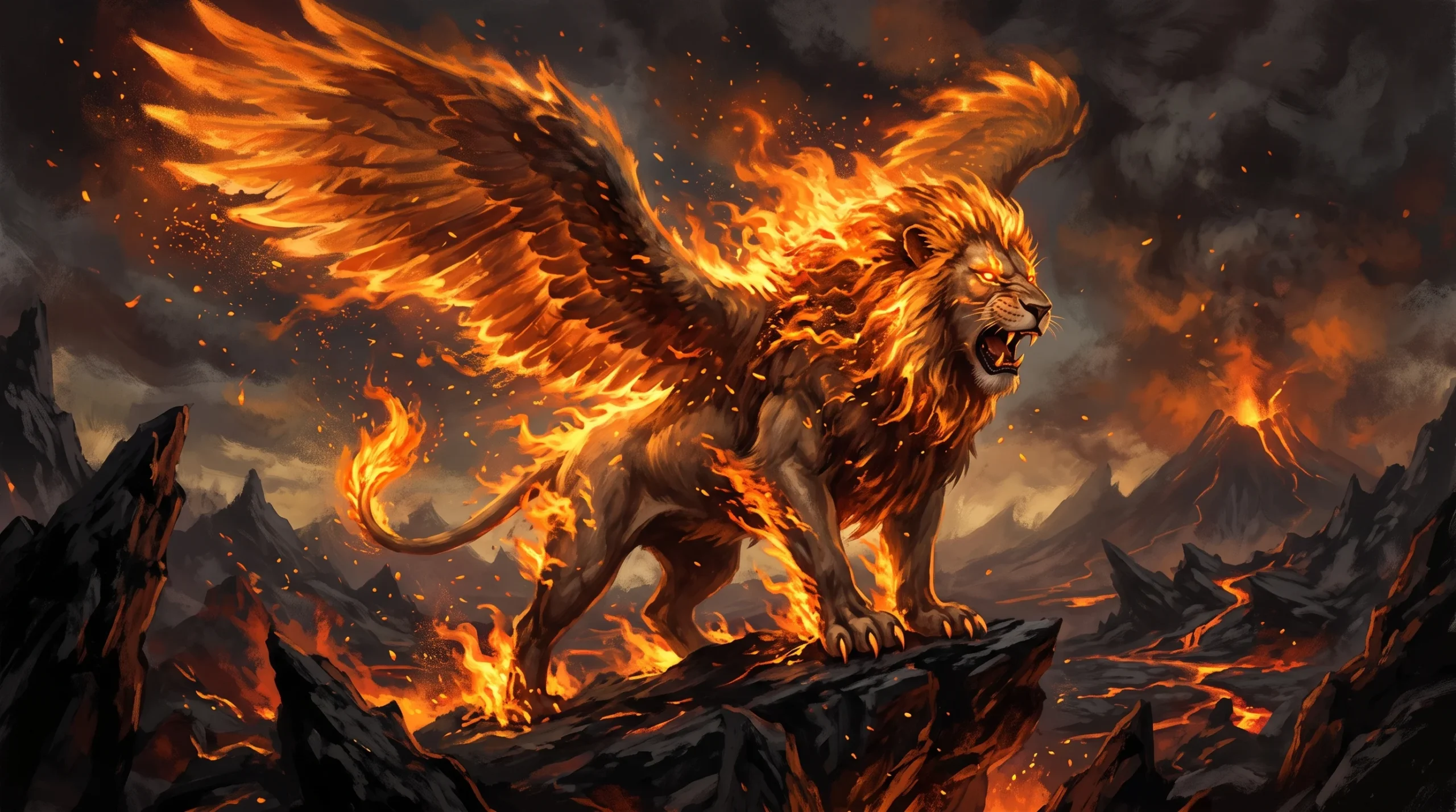 A conceptual digital illustration of a fiery winged beast in a volcanic setting.