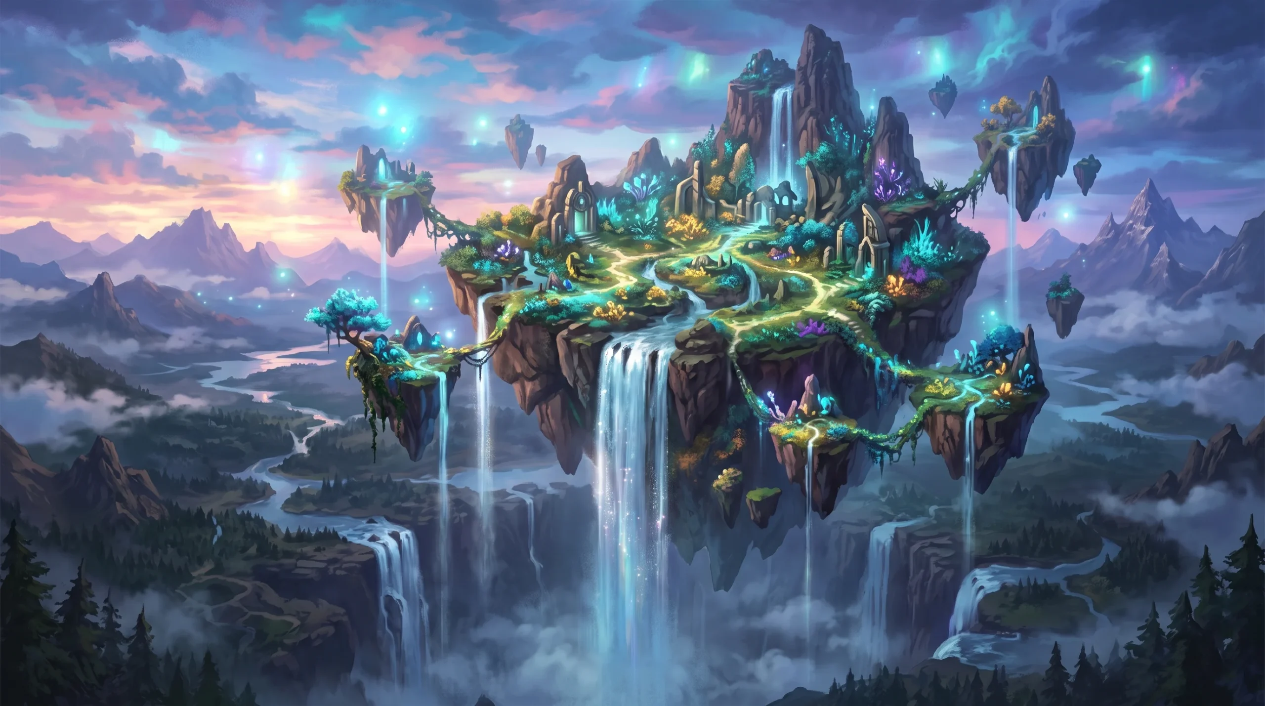 A digital painting of a floating island in a fantasy world with vibrant vegetation.
