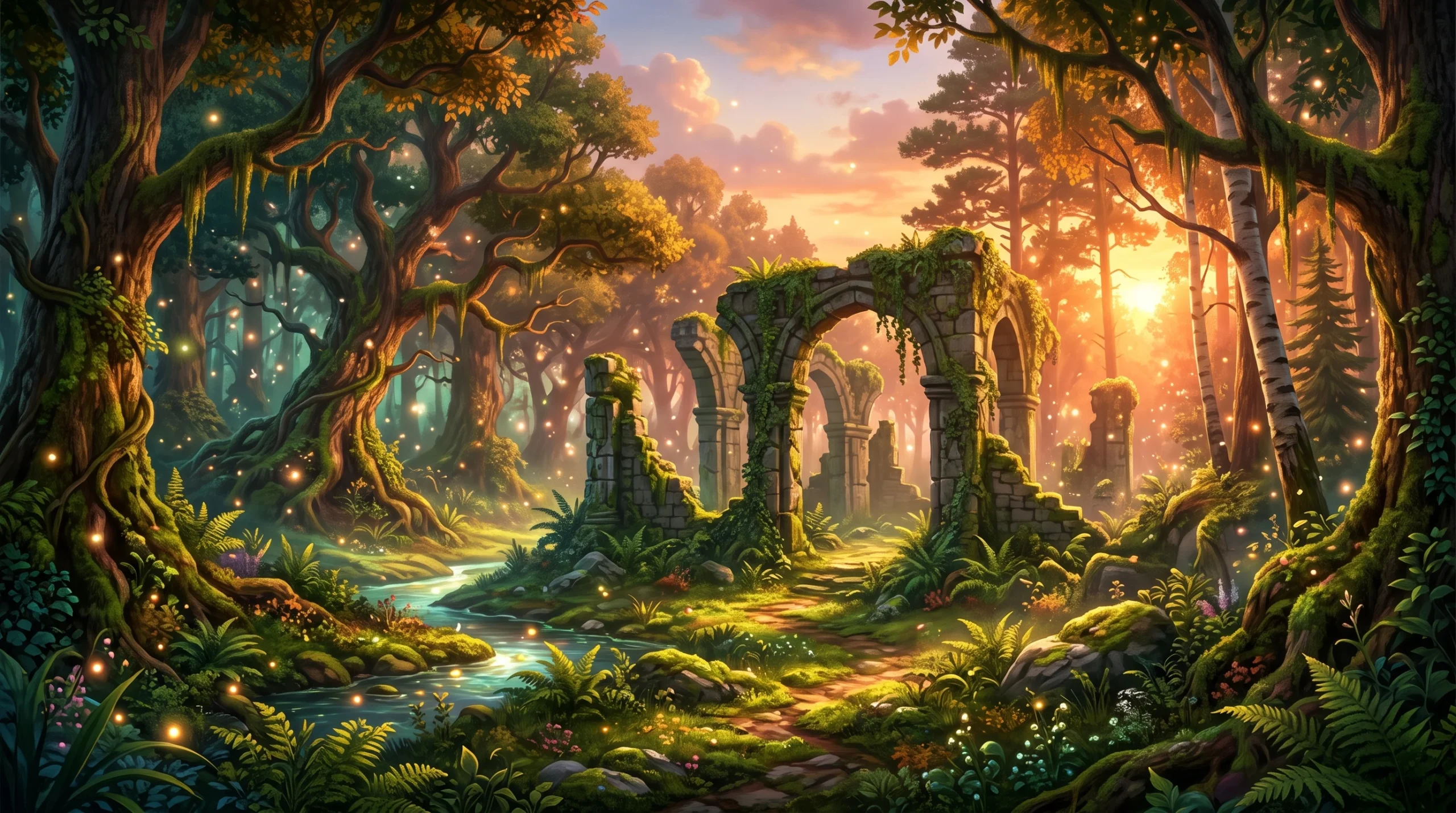A stylised fantasy forest glade with glowing particles and ruins.