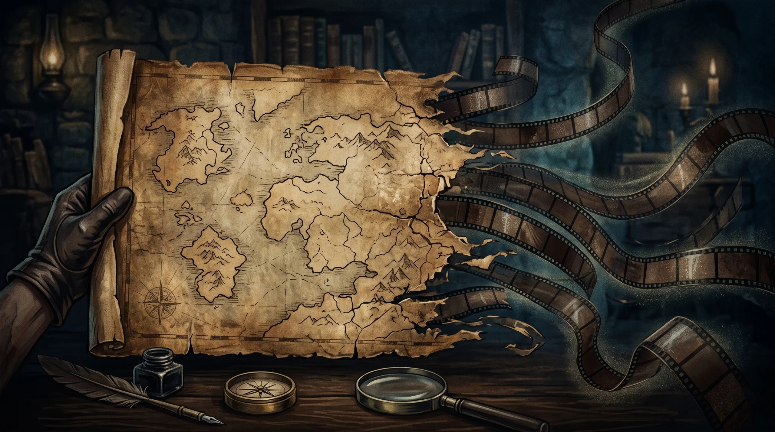A conceptual illustration of a map turning into film strips.