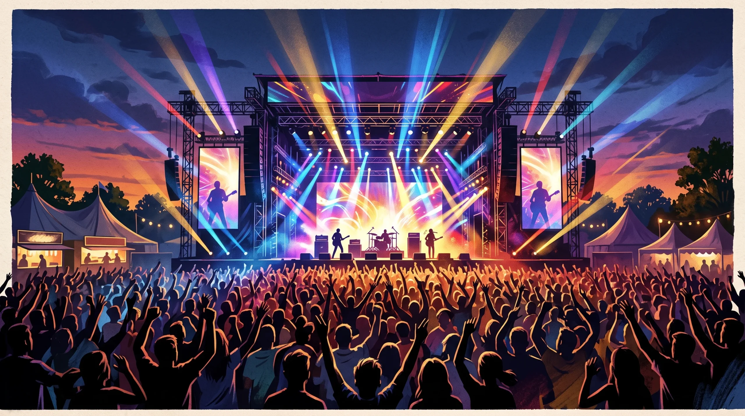 A conceptual illustration of a music festival stage with lights and a crowd.
