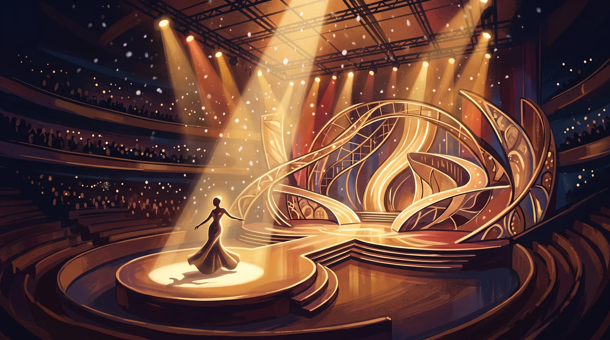 A conceptual illustration of a festive concert stage with spotlights and snow effects.