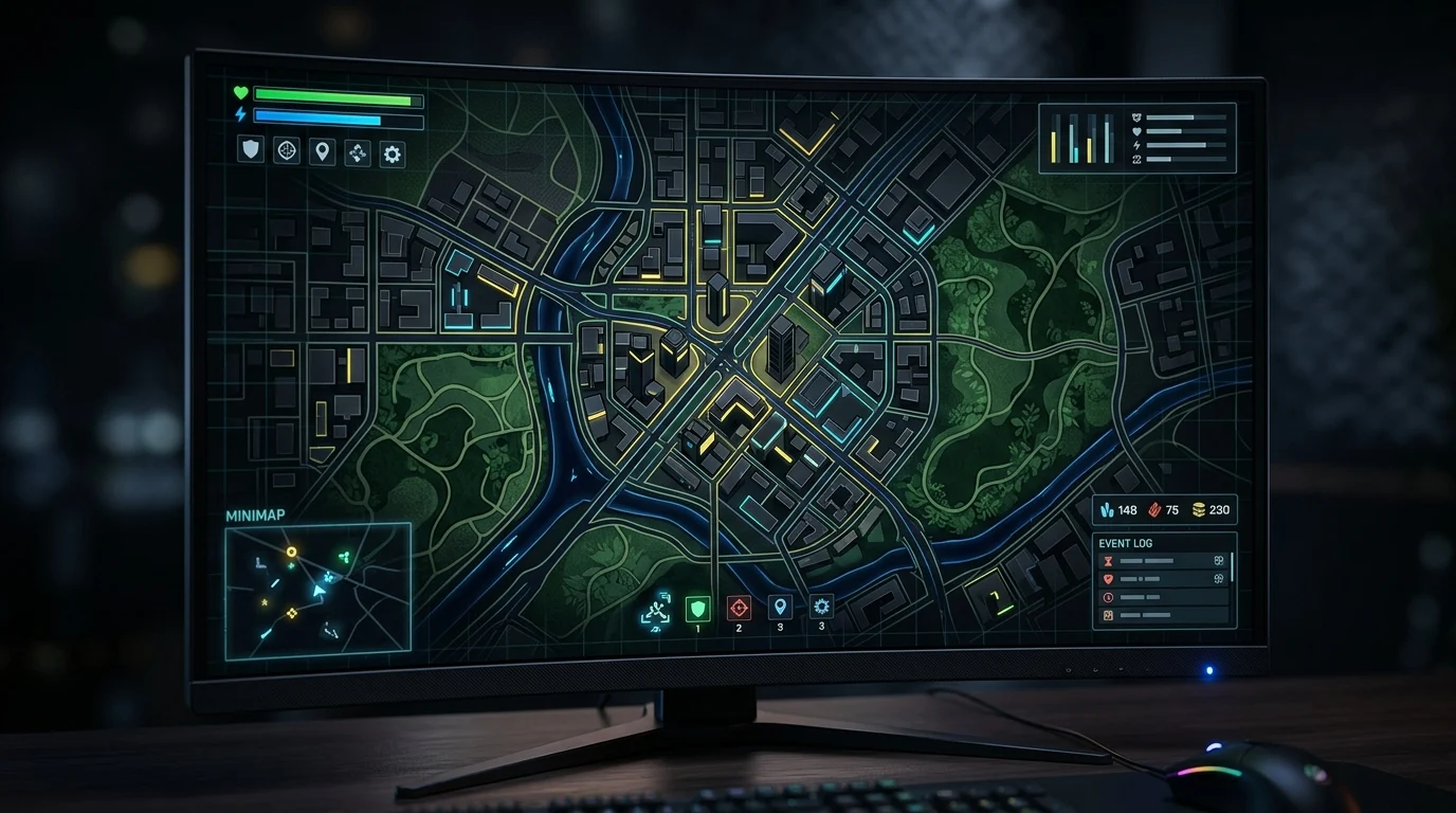 Close-up of a digital map interface for a fictional city.