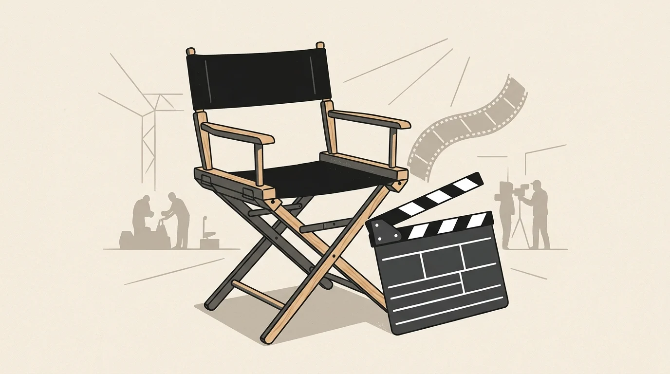 A conceptual graphic of a director's chair and film clapboard.