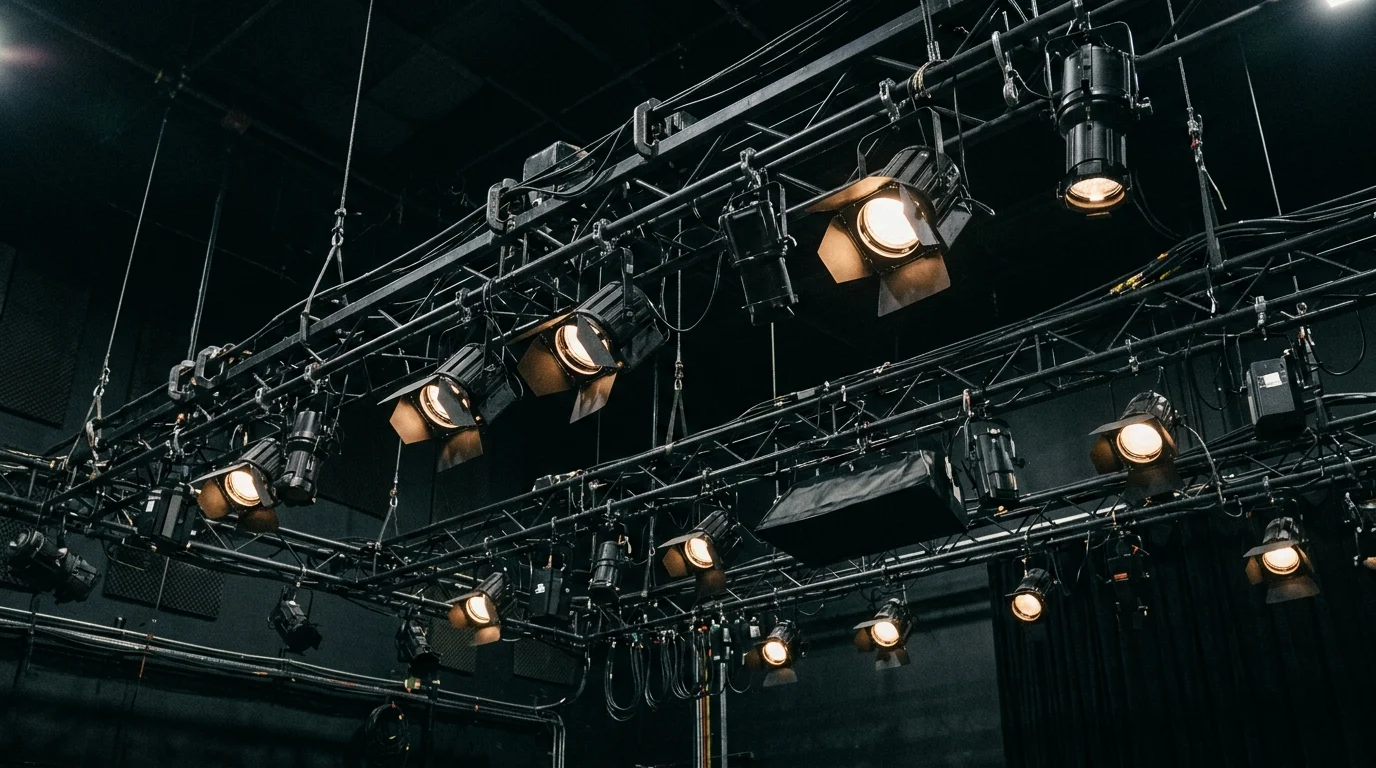 Conceptual image of film production lighting on a dark soundstage.