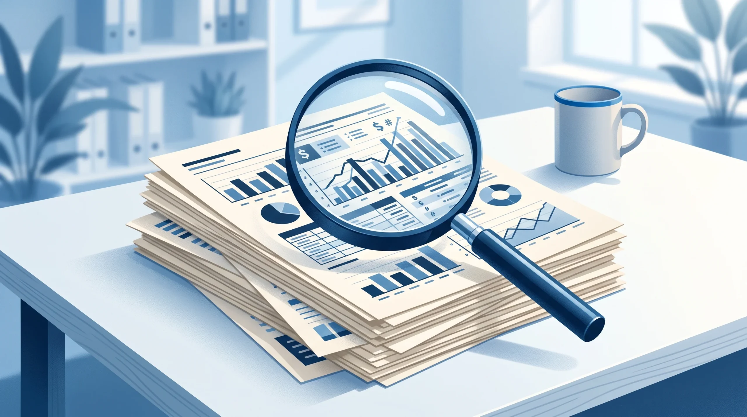A magnifying glass placed over a stack of professional documents representing a compliance check.