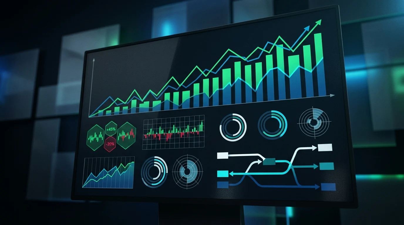 Abstract financial data and currency charts on a digital display.